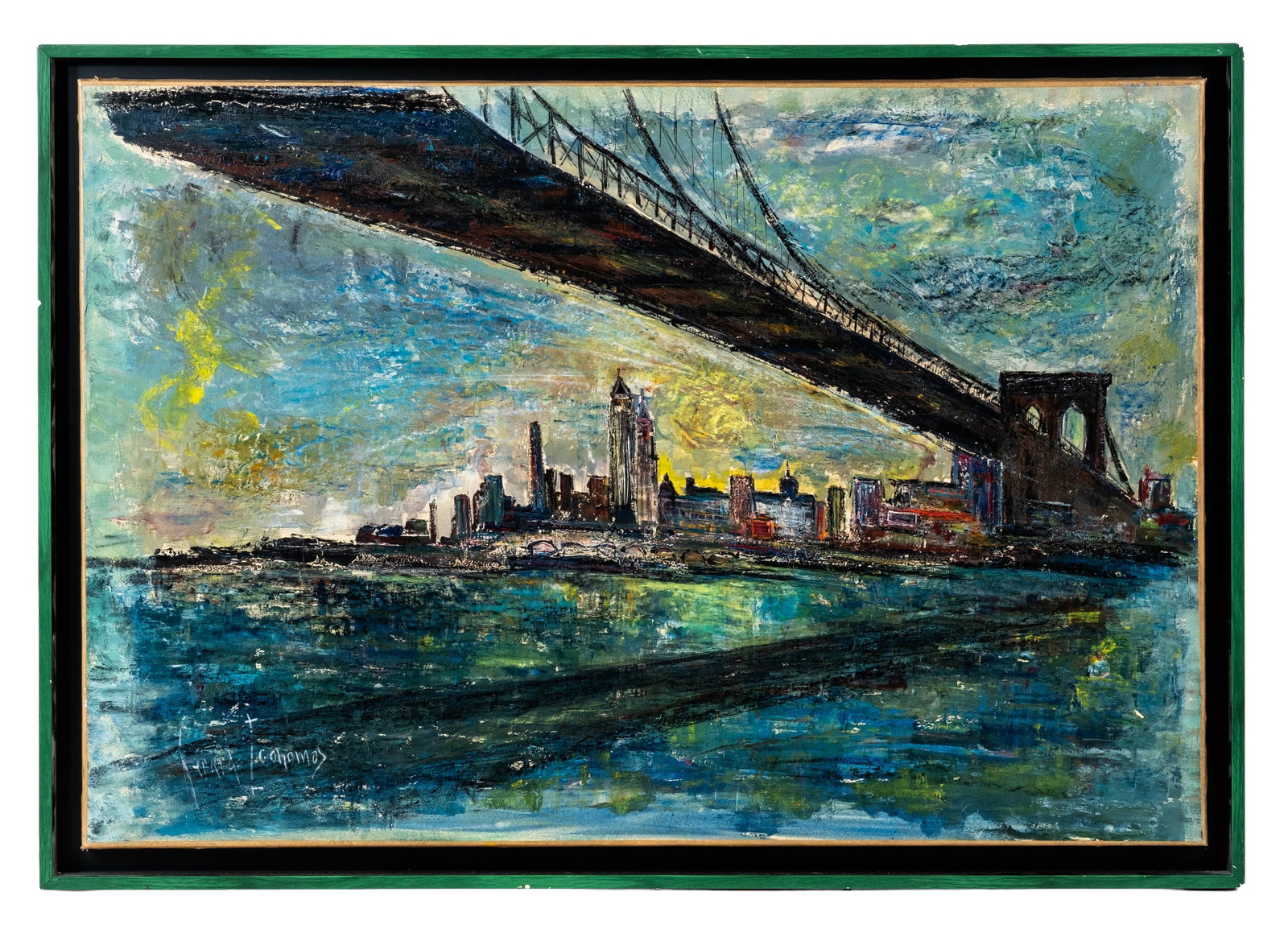 No Reserve: Gerard Economos Signed 1968 'Brooklyn Bridge' Oil Painting - 3
