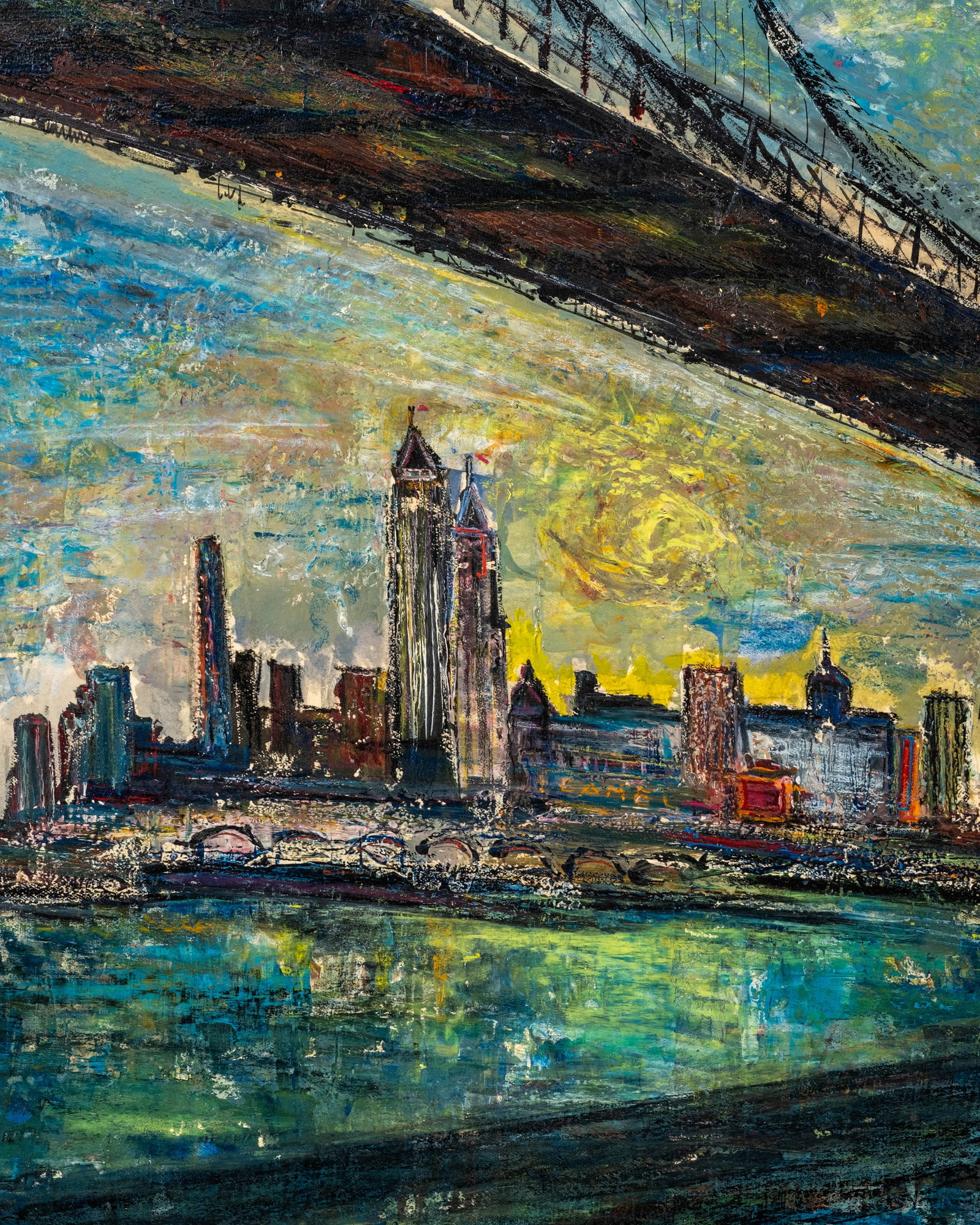 No Reserve: Gerard Economos Signed 1968 'Brooklyn Bridge' Oil Painting - 6
