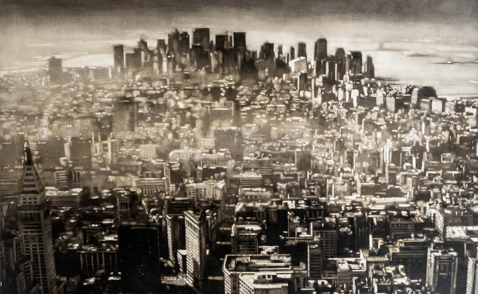No Reserve: Éric Serafini Signed 'Downtown Manhattan' 2006 Oil Painting: Keywords: New York City, Manhattan, Downtown, Cityscape, Urban Landscape, Skyline, Contemporary Art, French Artist, Architectural, 21st Century Summary: Éric Serafini (French, born 1962), ‘Downtown