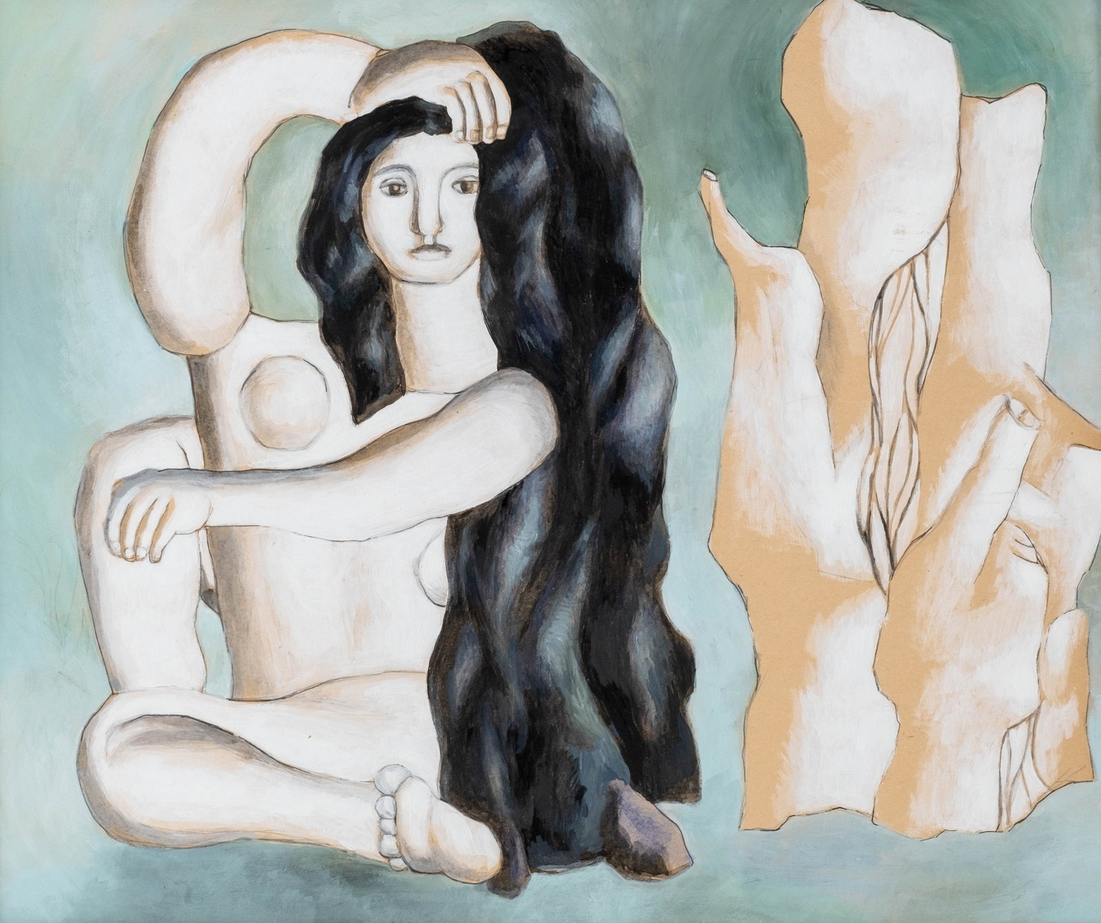 No Reserve: Fernand Léger (possibly) 'The Bather' Watercolor and Gouache Painting: Keywords: French Modernism, Modern Art, Figurative Art, Female Figure, Bather, Avant Garde, Cubism, 20th Century, Works on Paper, Gouache, Watercolor Summary: Fernand Léger (possibly), ‘The Bather,