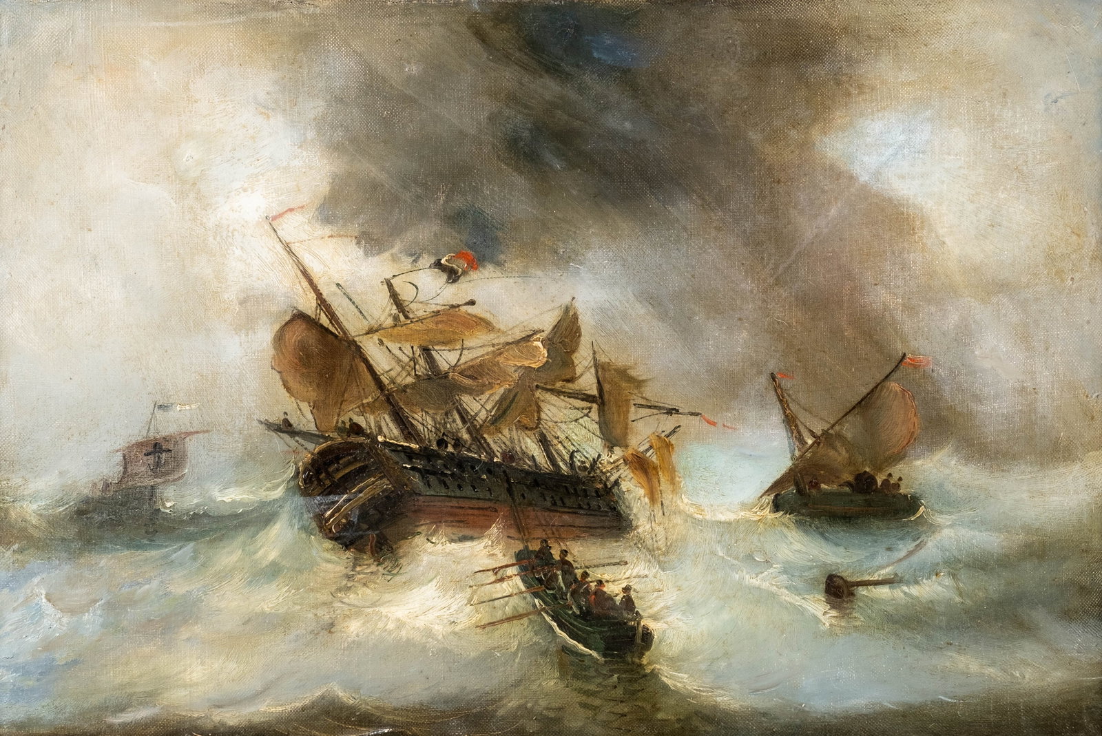 No Reserve: William John Huggins (attrib) Ships in Stormy Seas Oil on Canvas Painting: Keywords: Romanticism maritime painting, Academic seascape tradition, 19th Century European school, War ship, Realist marine art, Historicist nautical scenes, Enlightenment period influence, Eugène I