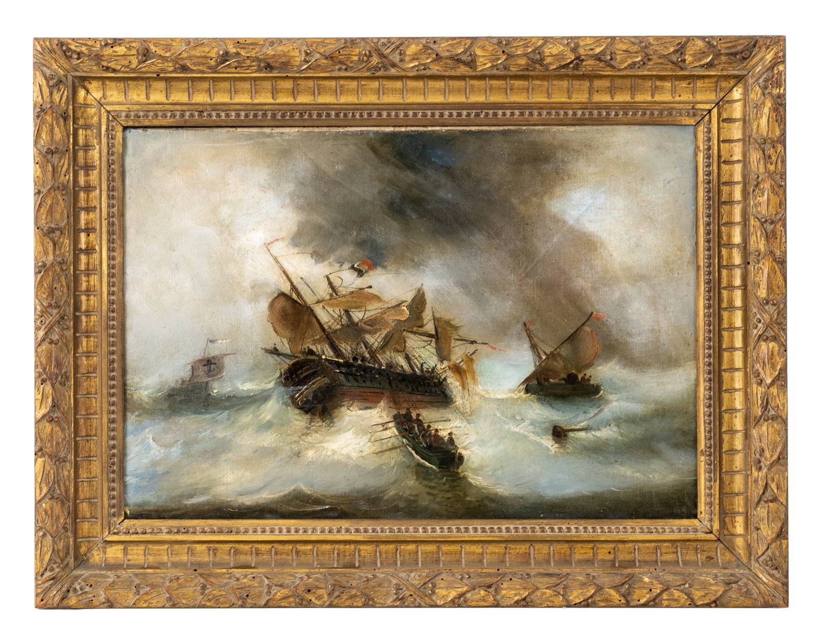 No Reserve: William John Huggins (attrib) Ships in Stormy Seas Oil on Canvas Painting - 3