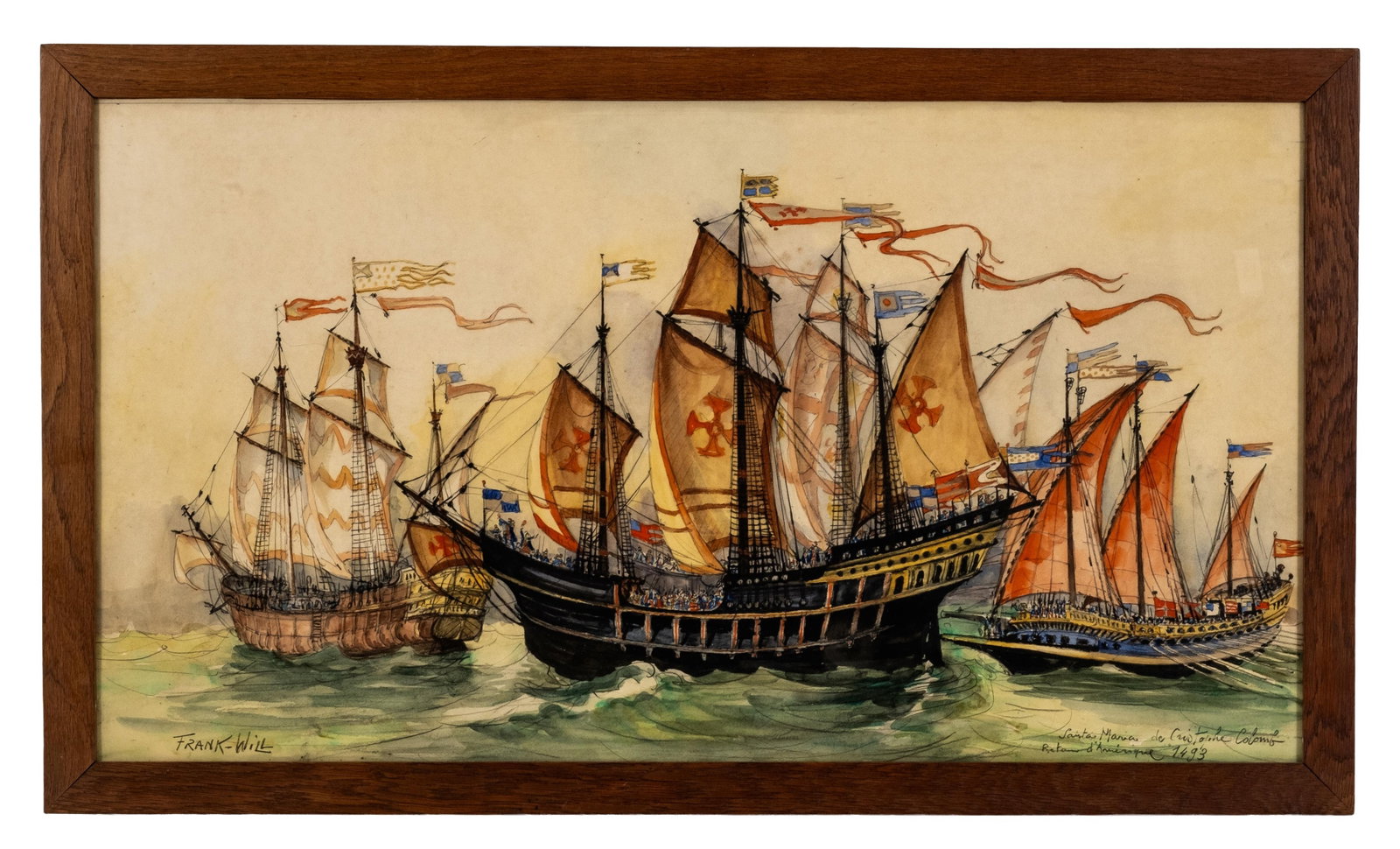 Frank-Will Signed 'Santa Maria de Cristoforo Colombo' 1493 Maritime Watercolor Painting (1 of 11)
