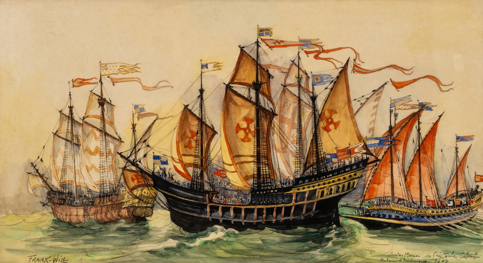 Frank-Will Signed 'Santa Maria de Cristoforo Colombo' 1493 Maritime Watercolor Painting - 5