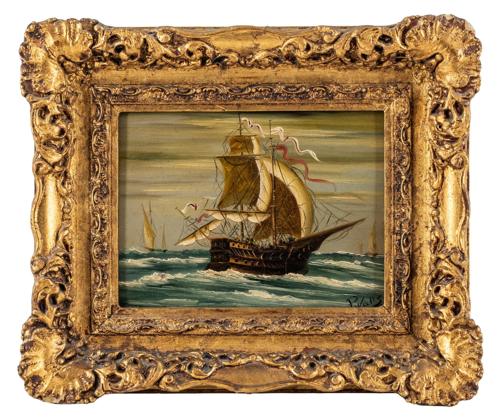 No Reserve: P. Valls Signed Maritime Sailing Ship Painting (1 of 8)