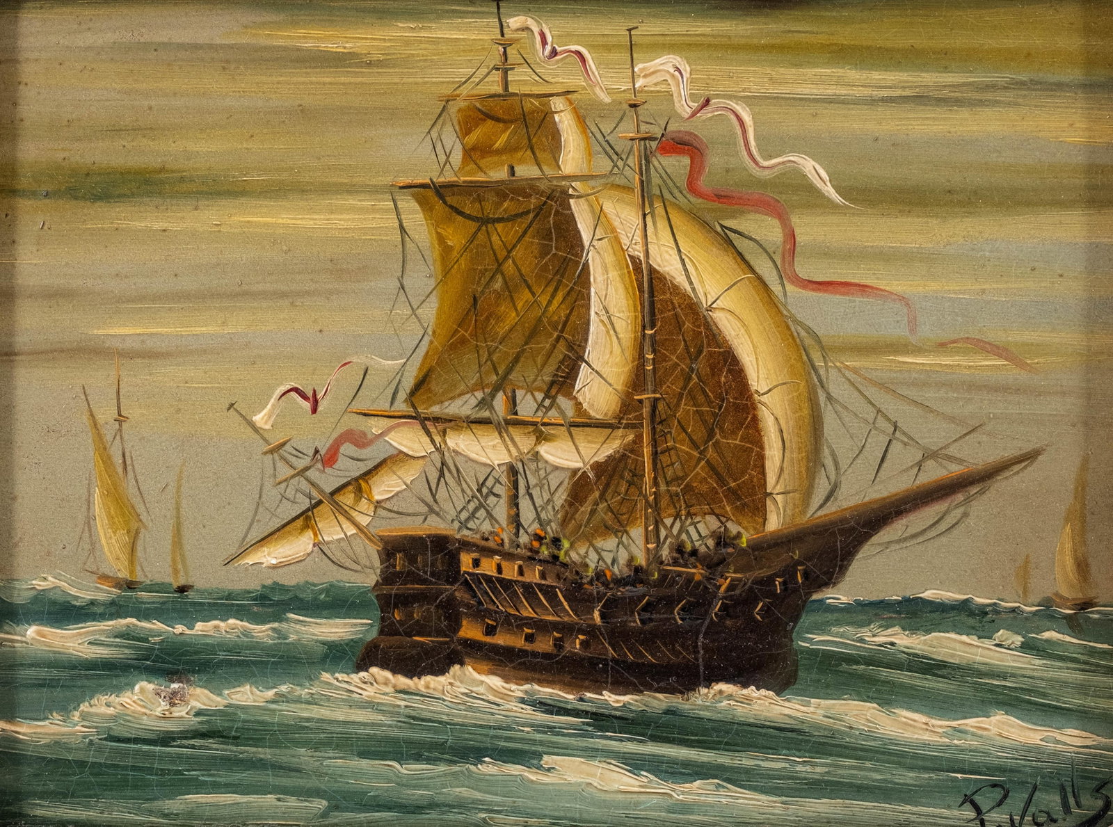 No Reserve: P. Valls Signed Maritime Sailing Ship Painting - 2