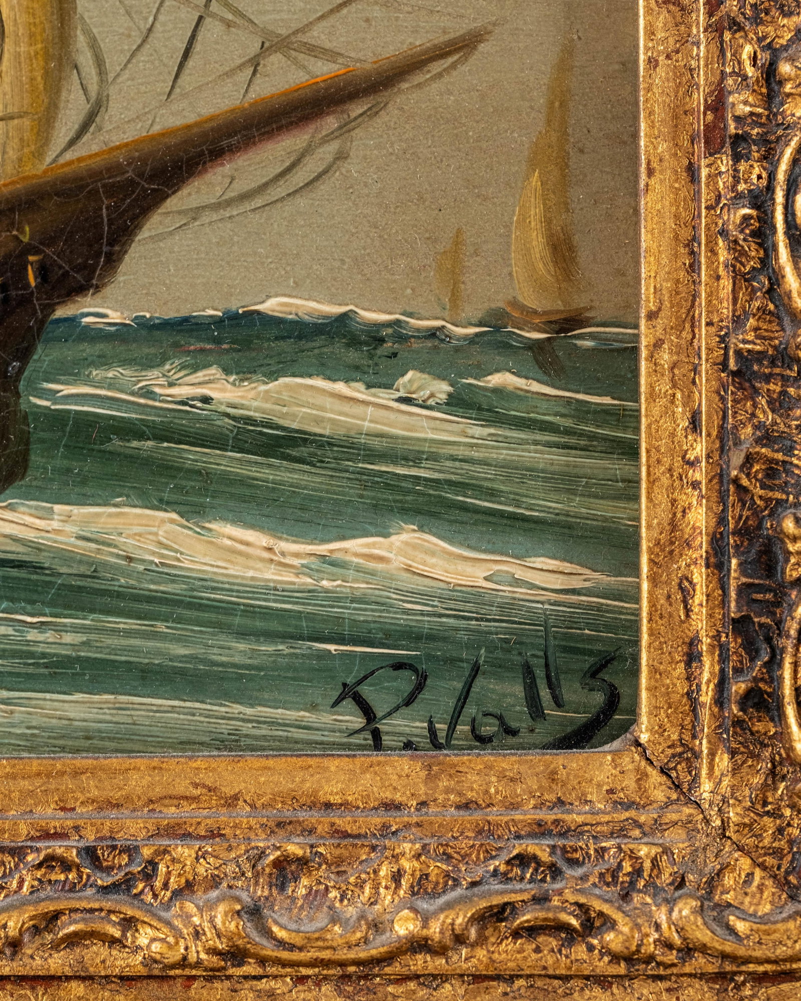 No Reserve: P. Valls Signed Maritime Sailing Ship Painting - 4