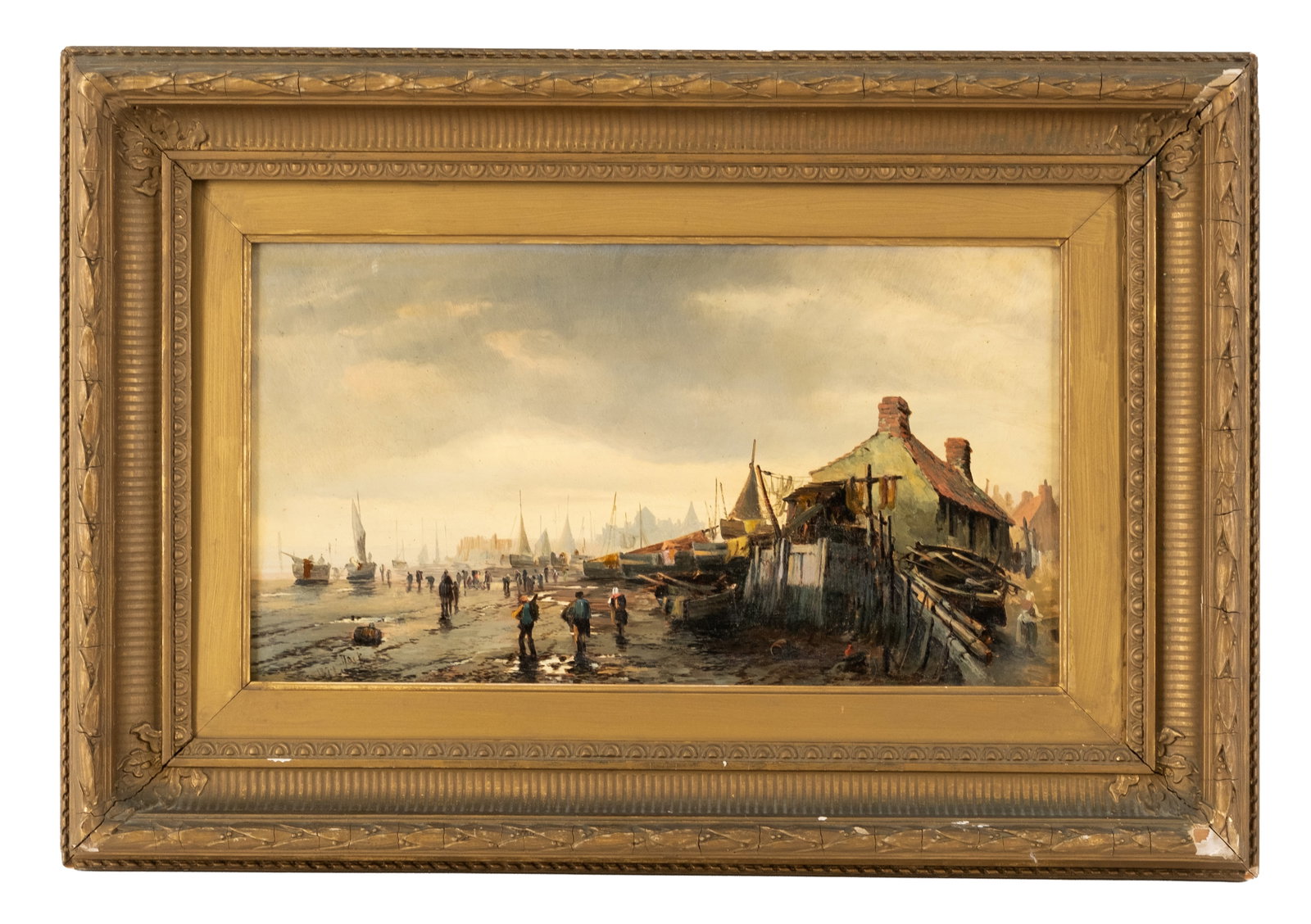 Signed Late 19th Century Dutch School Coastal Village Oil Painting (1 of 7)