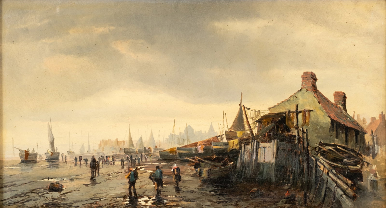 Signed Late 19th Century Dutch School Coastal Village Oil Painting - 2