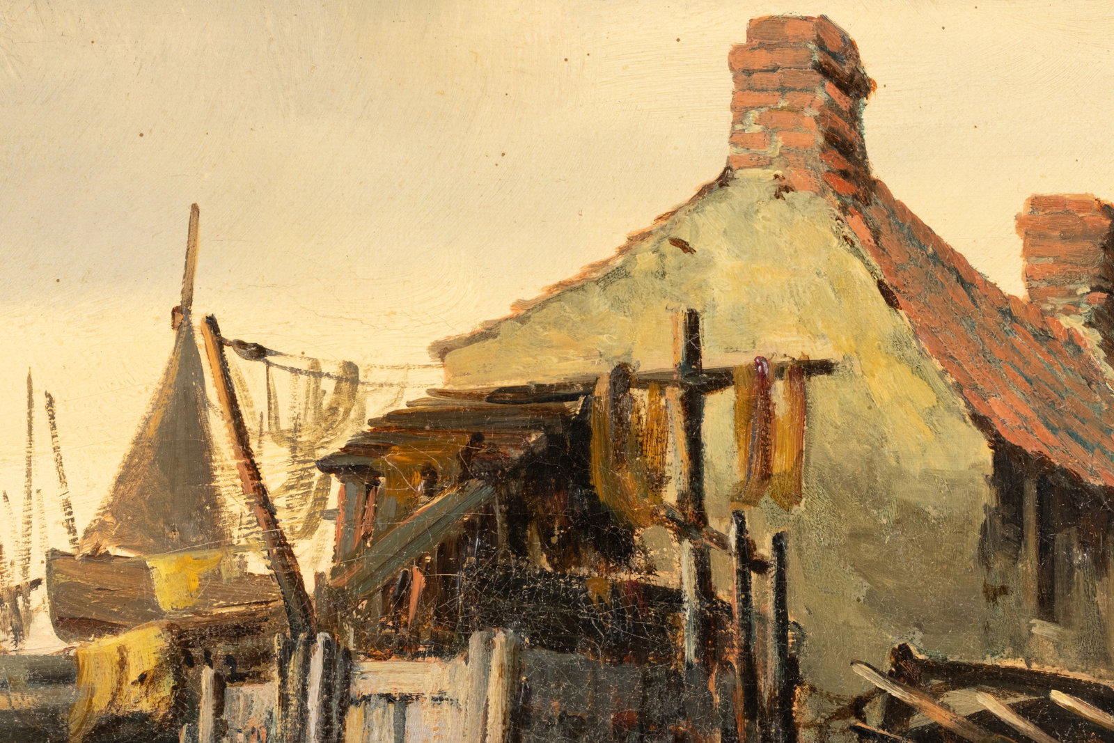 Signed Late 19th Century Dutch School Coastal Village Oil Painting - 6