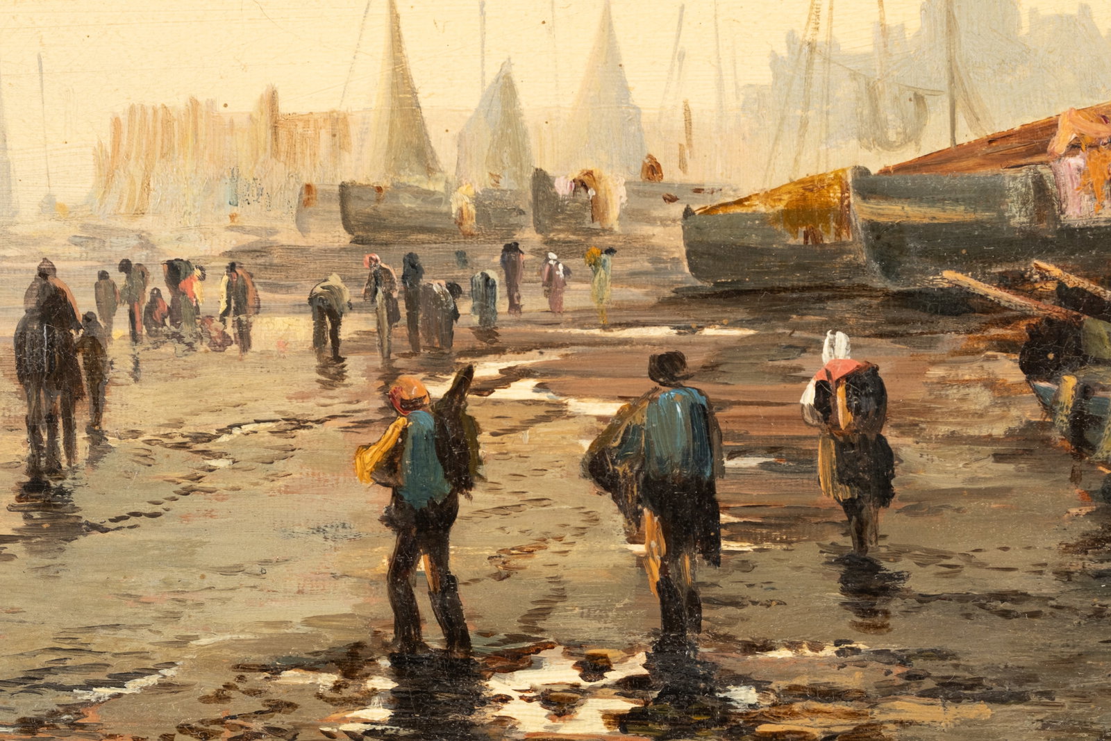 Signed Late 19th Century Dutch School Coastal Village Oil Painting - 7