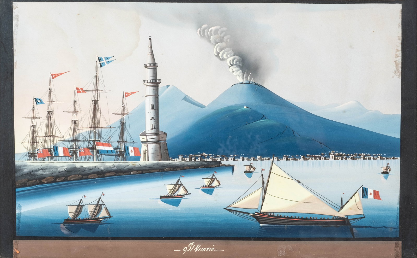 Mystery Artist: 19th Century Neapolitan School 'Il Vesuvio' Gouache Painting (1 of 8)