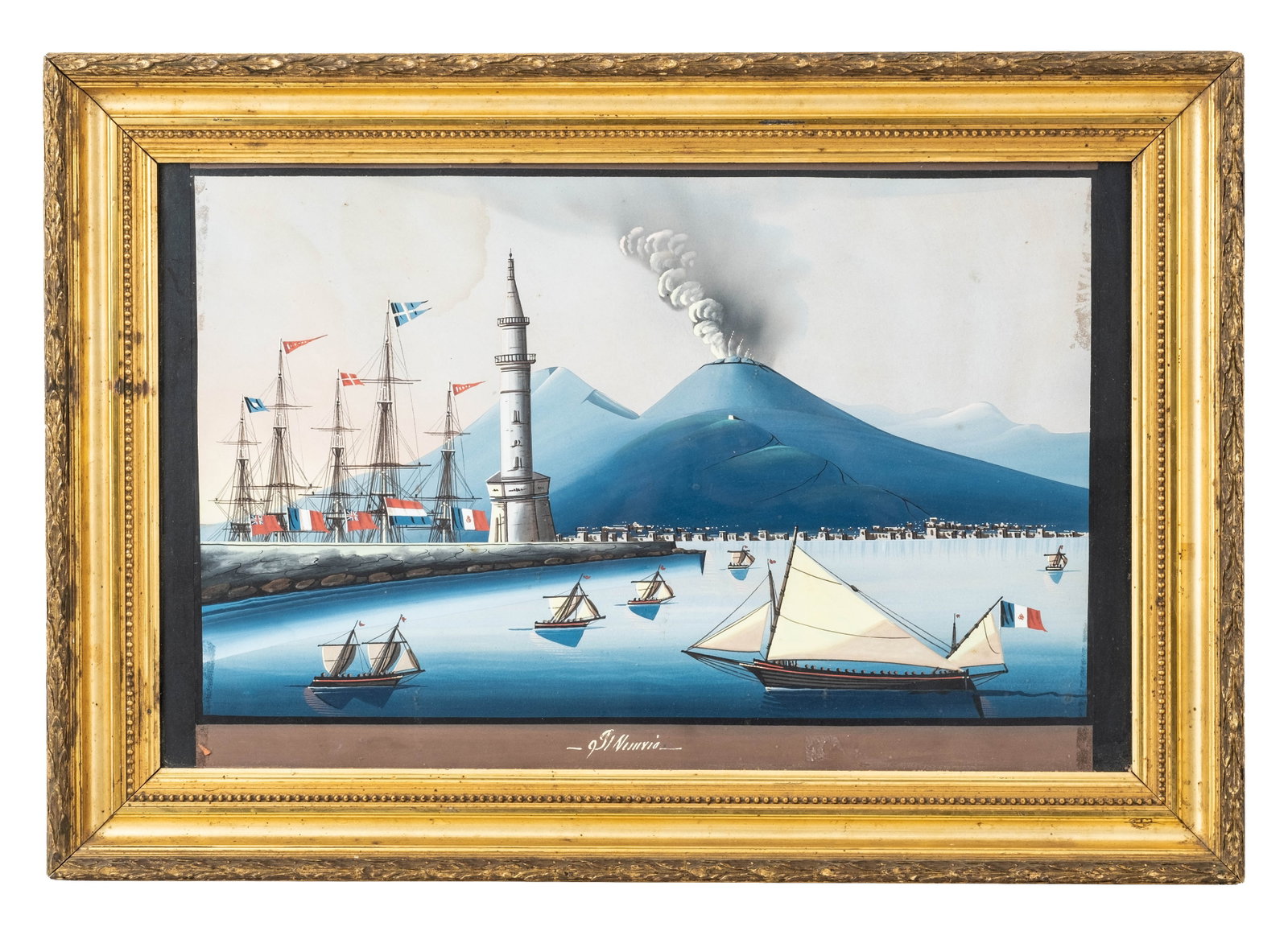 Mystery Artist: 19th Century Neapolitan School 'Il Vesuvio' Gouache Painting - 3