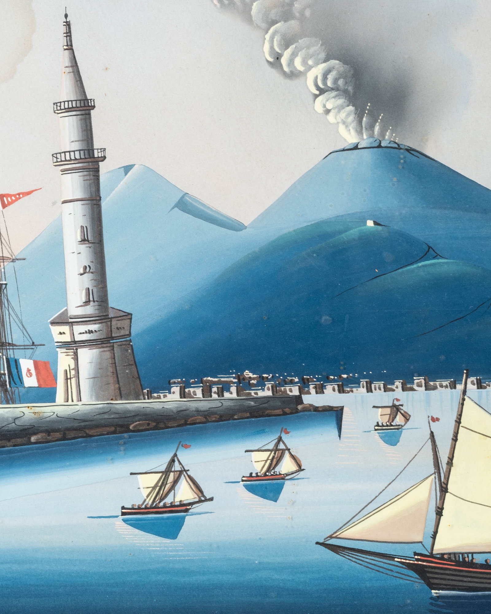 Mystery Artist: 19th Century Neapolitan School 'Il Vesuvio' Gouache Painting - 6