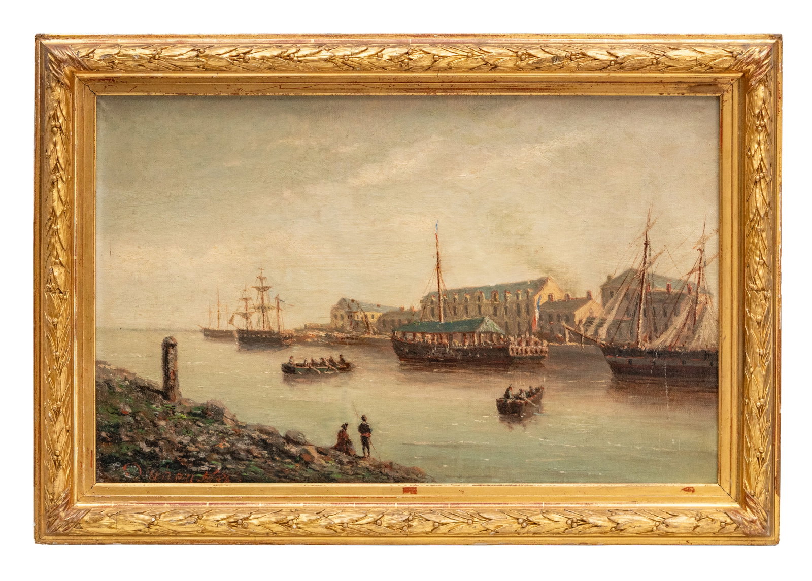 No Reserve: Mystery Artist, Signed, Merchant Ships at the Quay, 19th C., Oil Painting (1 of 6)