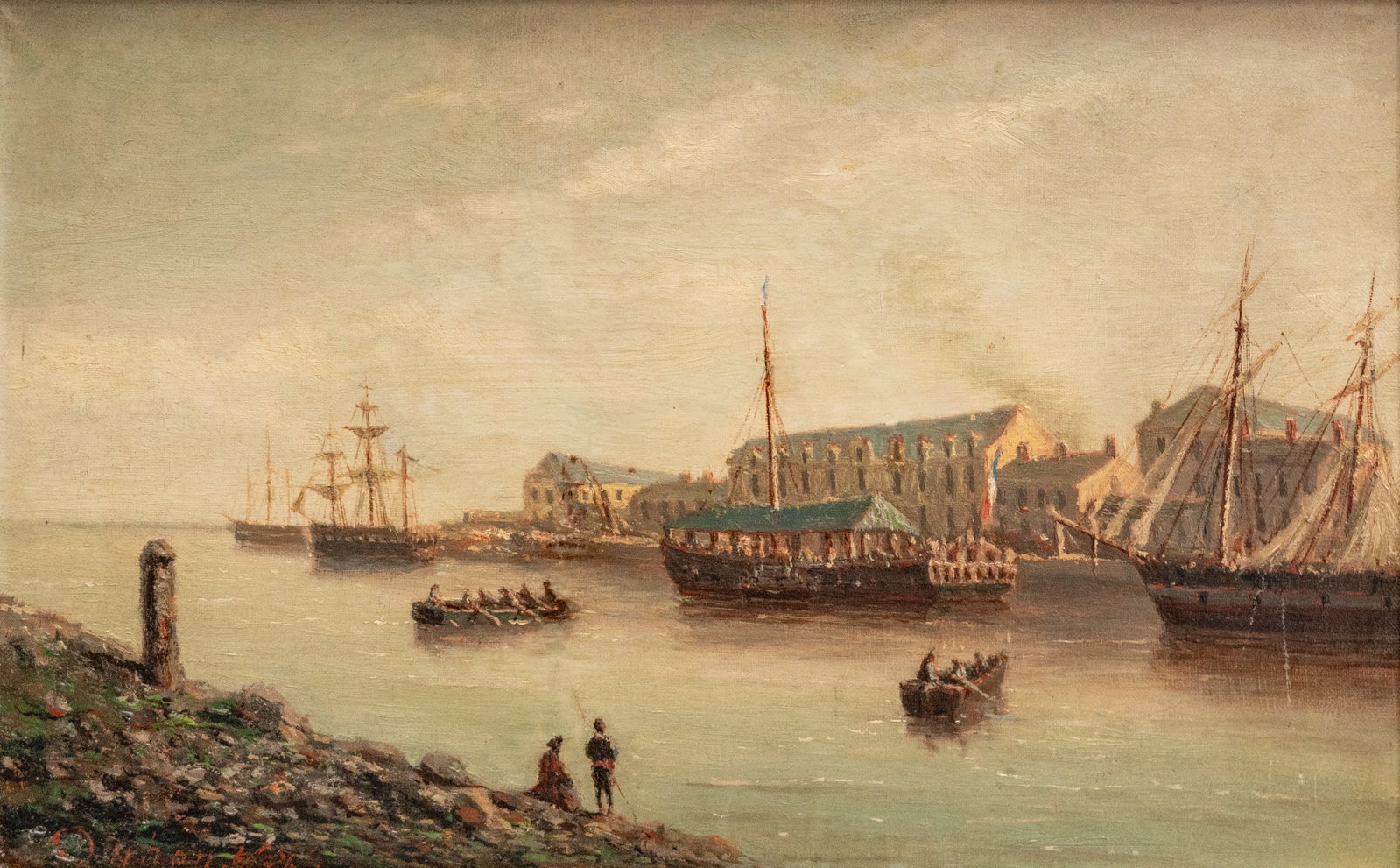 No Reserve: Mystery Artist, Signed, Merchant Ships at the Quay, 19th C., Oil Painting - 2