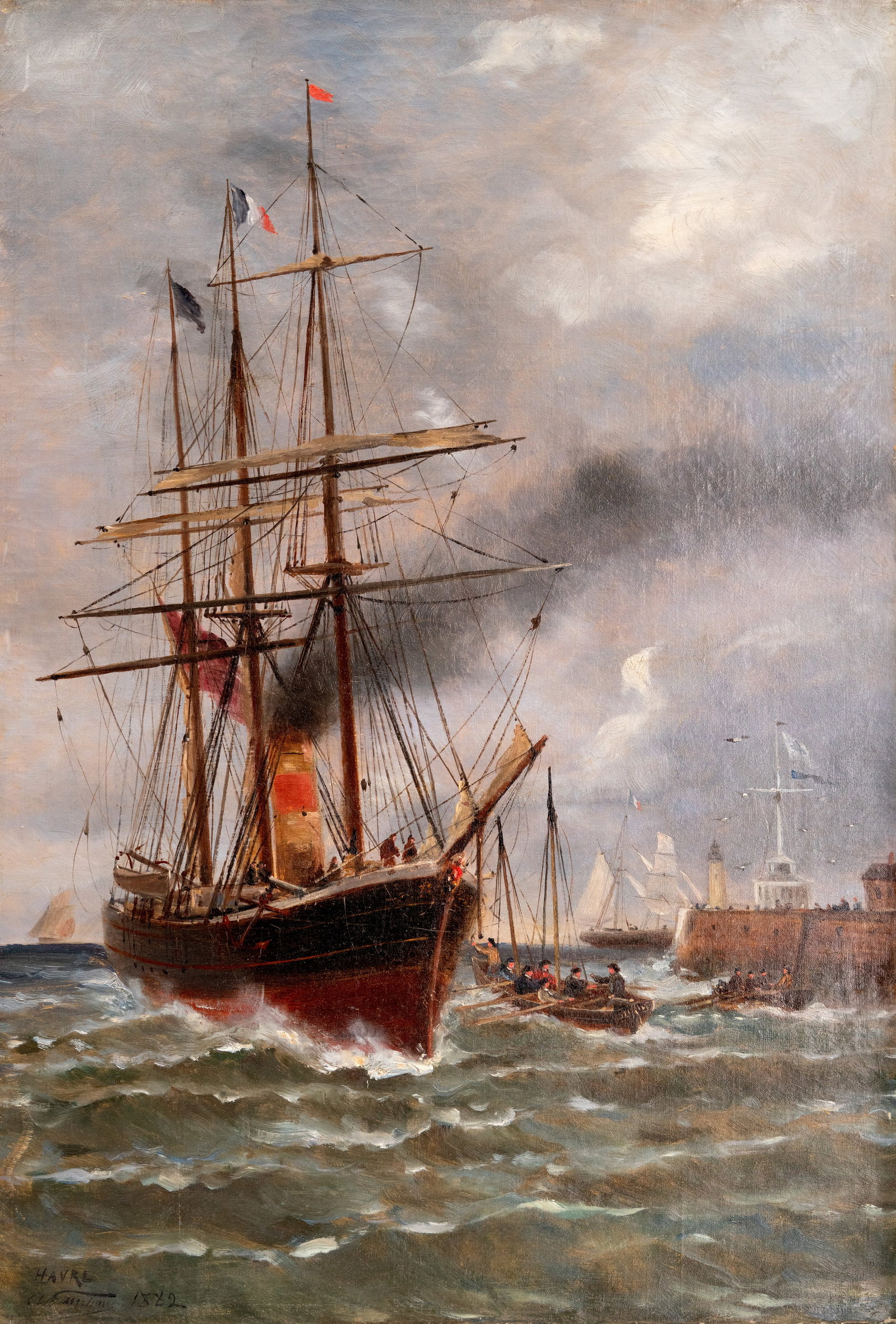 No Reserve: A. Fanchon, Signed, French School 'Ships off Le Havre' 1882 Oil Painting (1 of 6)