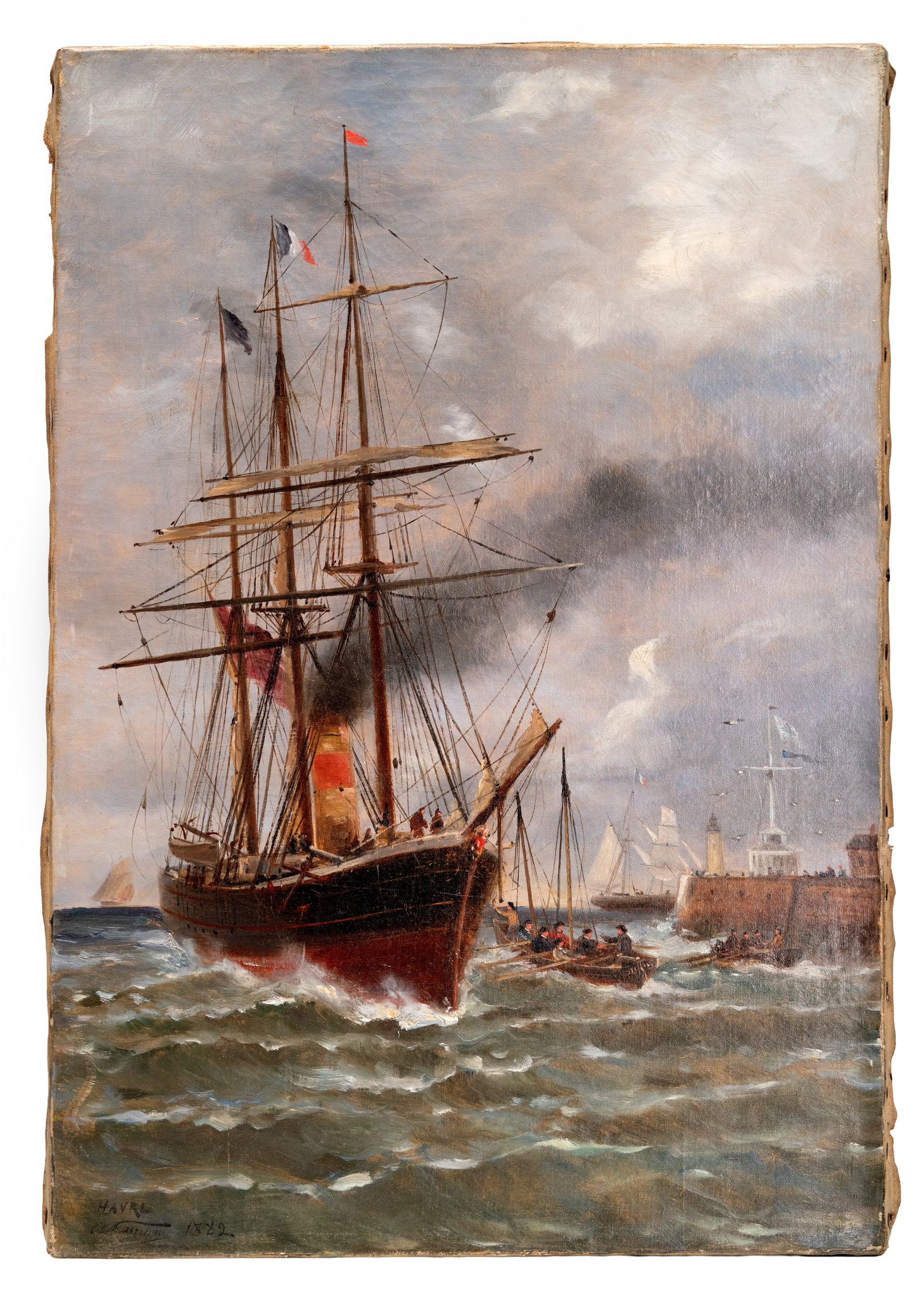 No Reserve: A. Fanchon, Signed, French School 'Ships off Le Havre' 1882 Oil Painting - 4