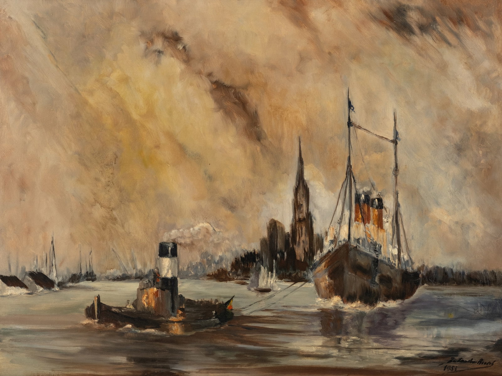 Belgian School Signed 1951 'Dredging at the Port of Antwerp' Oil Painting - 5