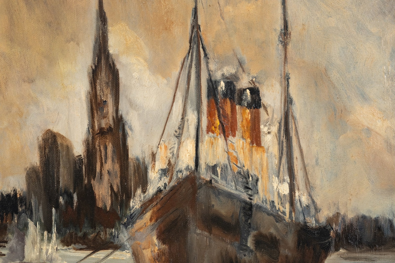Belgian School Signed 1951 'Dredging at the Port of Antwerp' Oil Painting - 6