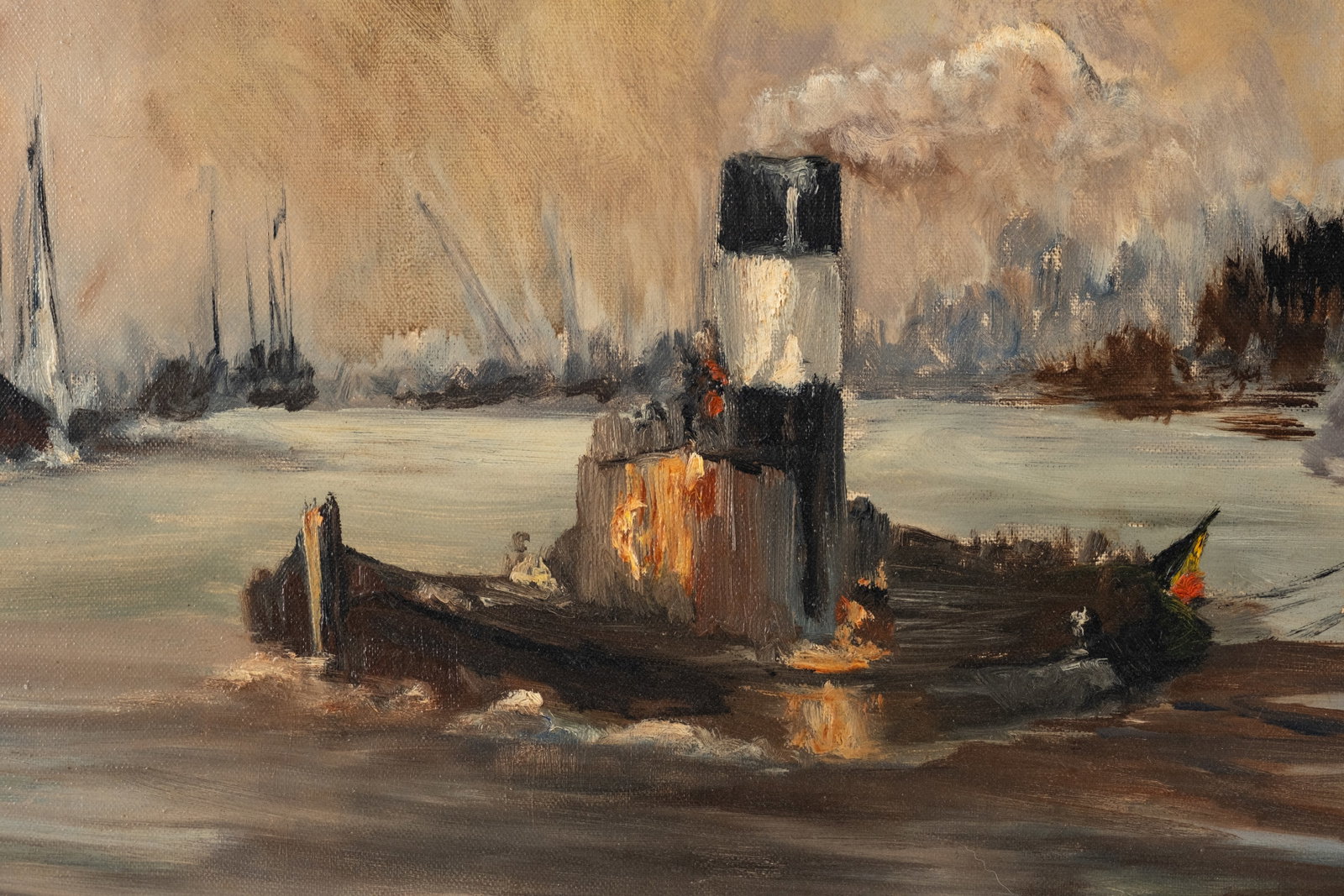 Belgian School Signed 1951 'Dredging at the Port of Antwerp' Oil Painting - 7