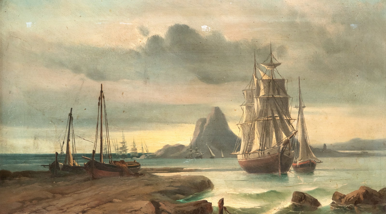 No Reserve: Ugo Manaresi Signed 19th Century Maritime Oil Painting, Boats at Anchor, 1875 (1 of 5)