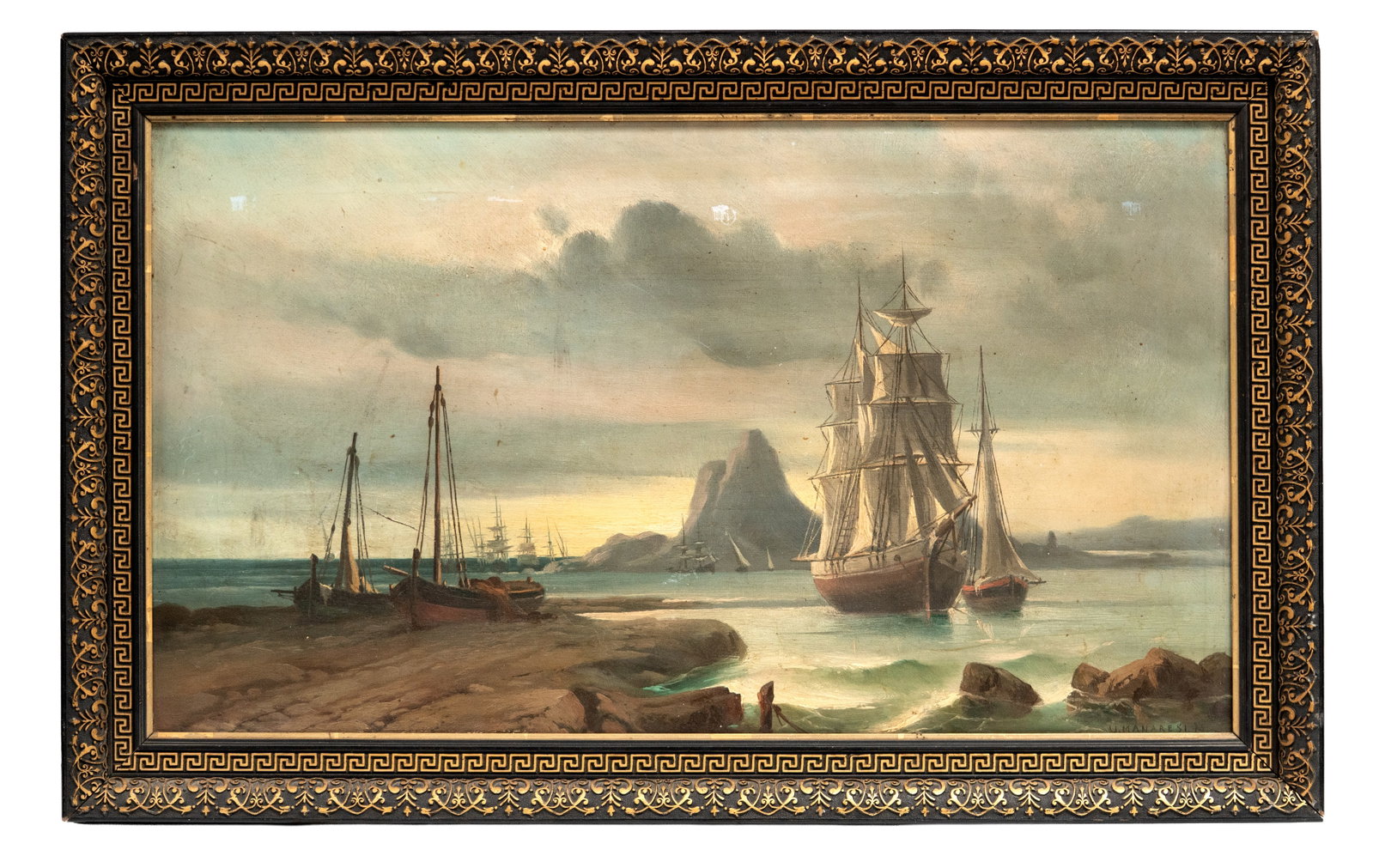 No Reserve: Ugo Manaresi Signed 19th Century Maritime Oil Painting, Boats at Anchor, 1875 - 4