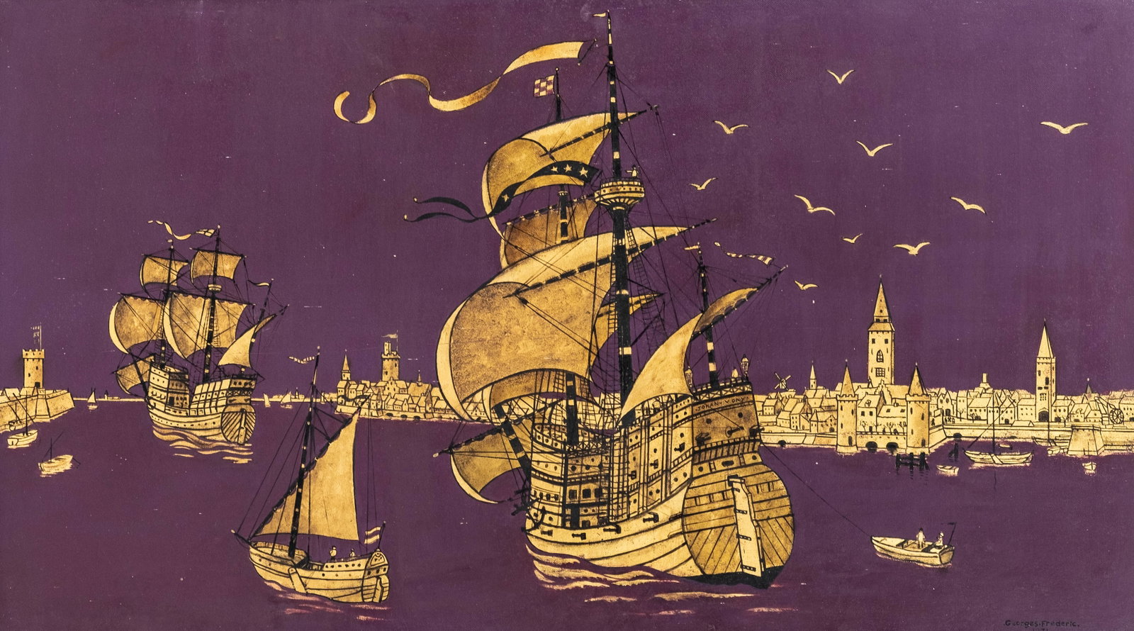 No Reserve: Georges Frederic Signed 1971 Caravels Returning to Port Painting: Keywords: Georges Frederic, Maritime Art, Sailing Ships, Caravels, Harbor Scene, Historical Ships, Nautical Art, Gilding, Gold, Purple, 1970s, French Art, Modern Maritime Summary: Georges Frederic (19