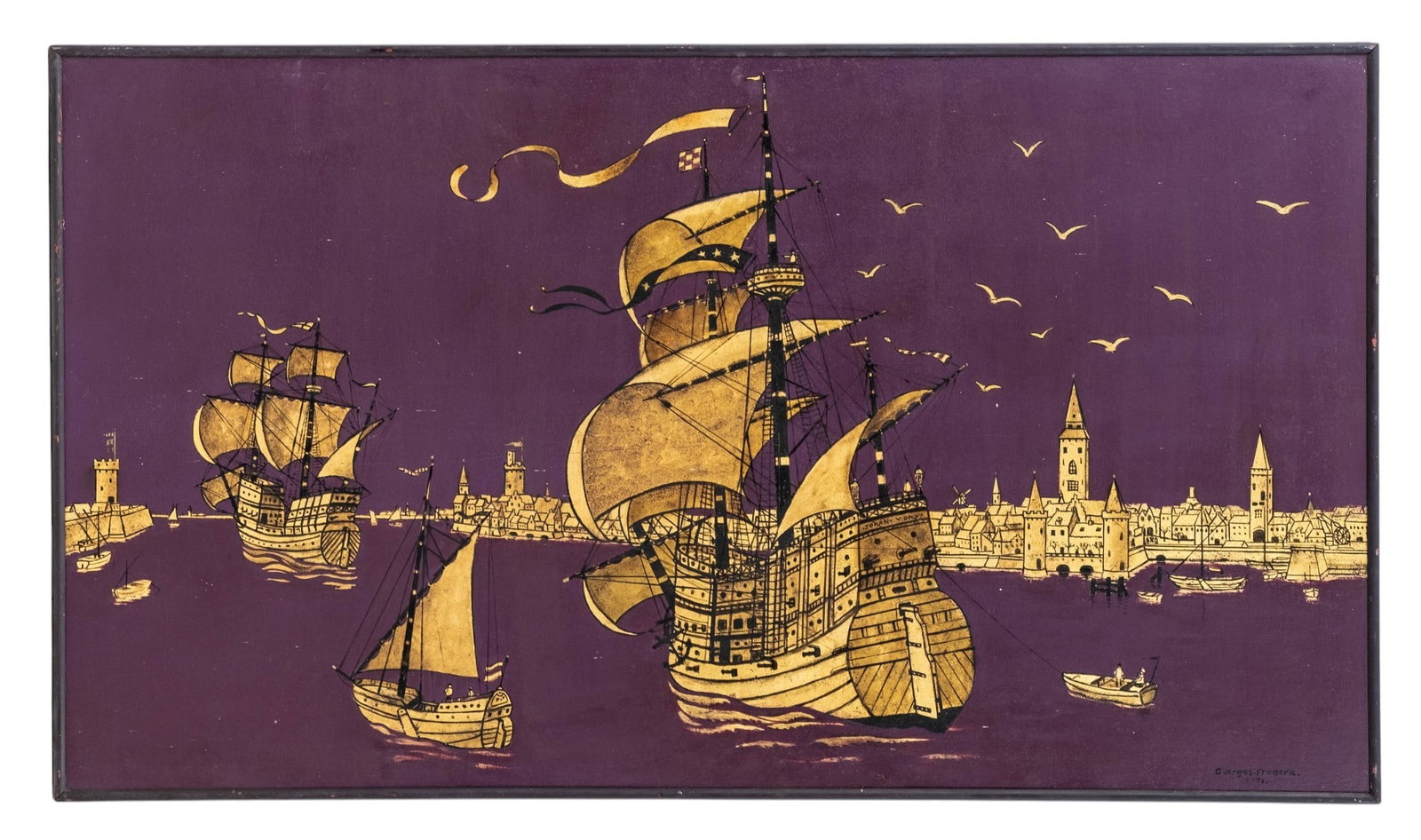 No Reserve: Georges Frederic Signed 1971 Caravels Returning to Port Painting - 3