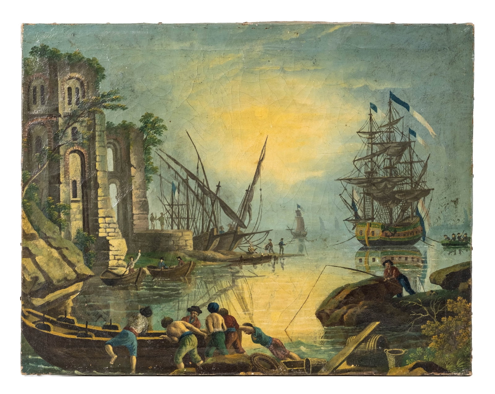 No Reserve: 18th Century French School Maritime Harbor Scene Oil Painting - 3