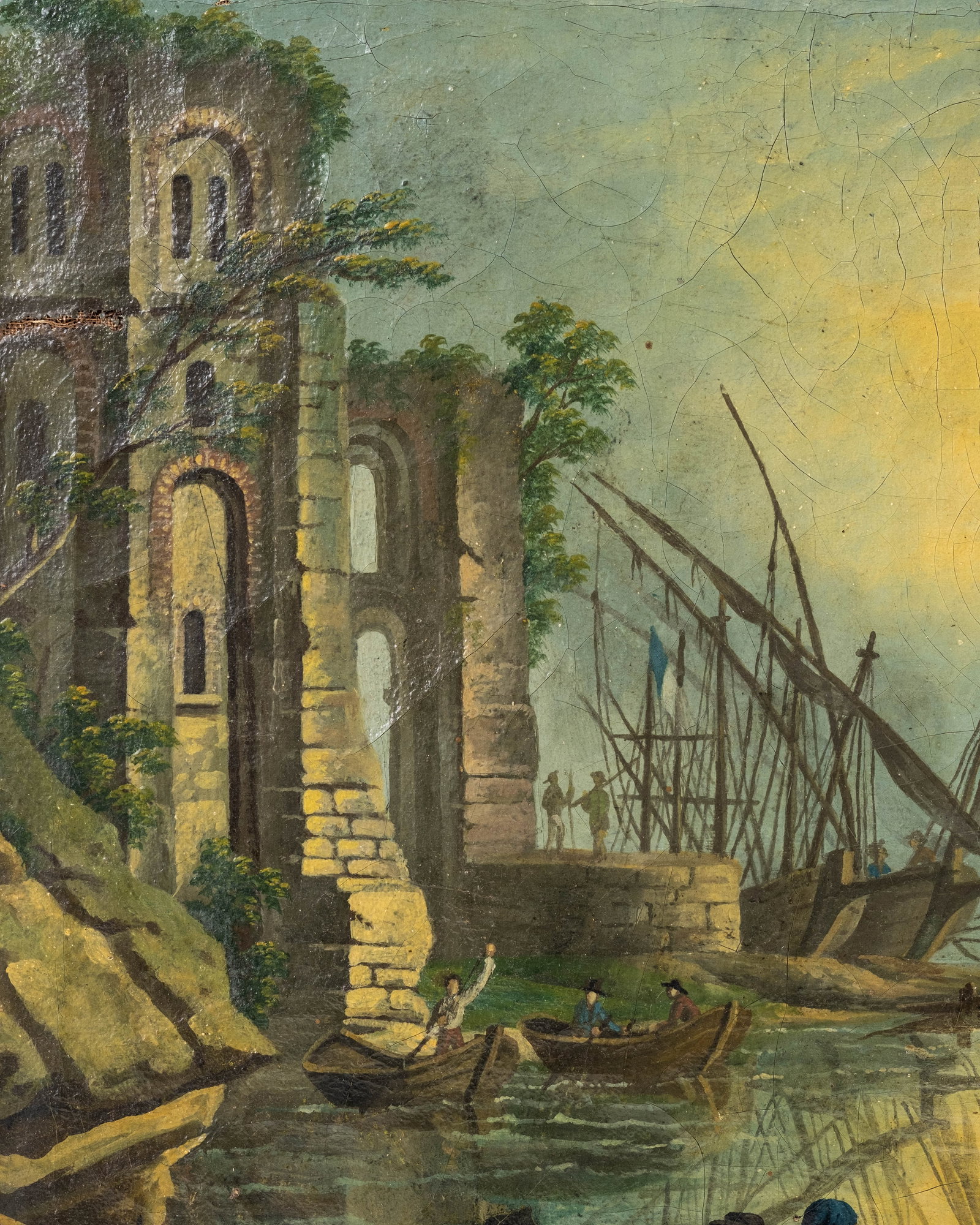 No Reserve: 18th Century French School Maritime Harbor Scene Oil Painting - 4