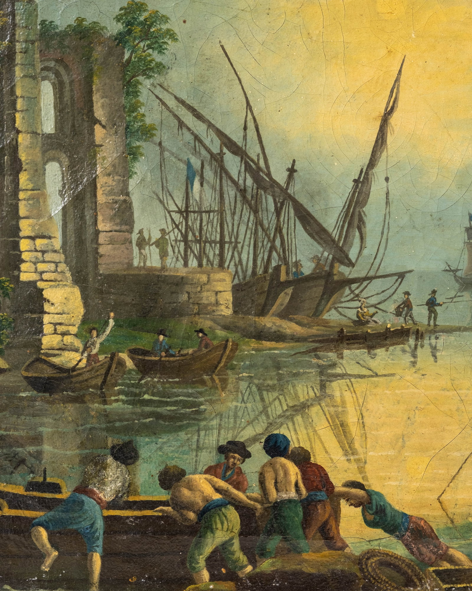 No Reserve: 18th Century French School Maritime Harbor Scene Oil Painting - 5
