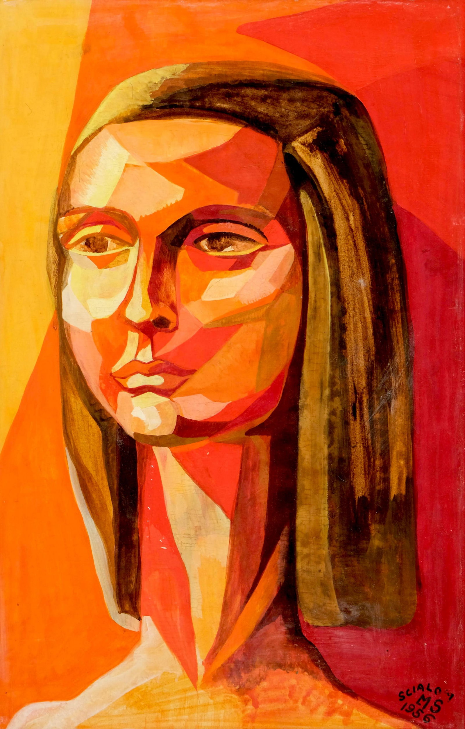 No Reserve: Scialoja (?) Signed Cubist Portrait of a Woman, 1956 Oil on Cardboard - 2