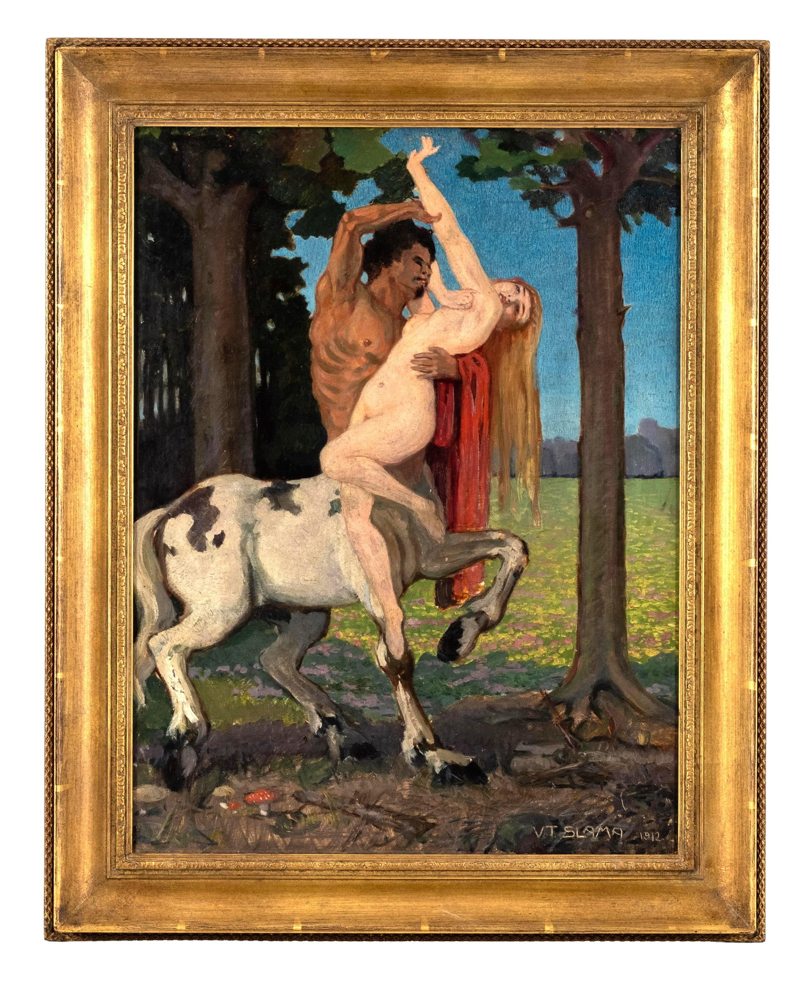 Viktor Theodor Slama, Austrian Art Nouveau, Oil Painting, 'Nessus and Deianira', Signed, 1912: Keywords: mythological scene, Greek mythology, centaur, Deianira, Heracles legend, allegorical nude, Vienna Secession, early 20th century Austrian art, figurative composition, forest landscape, symbol