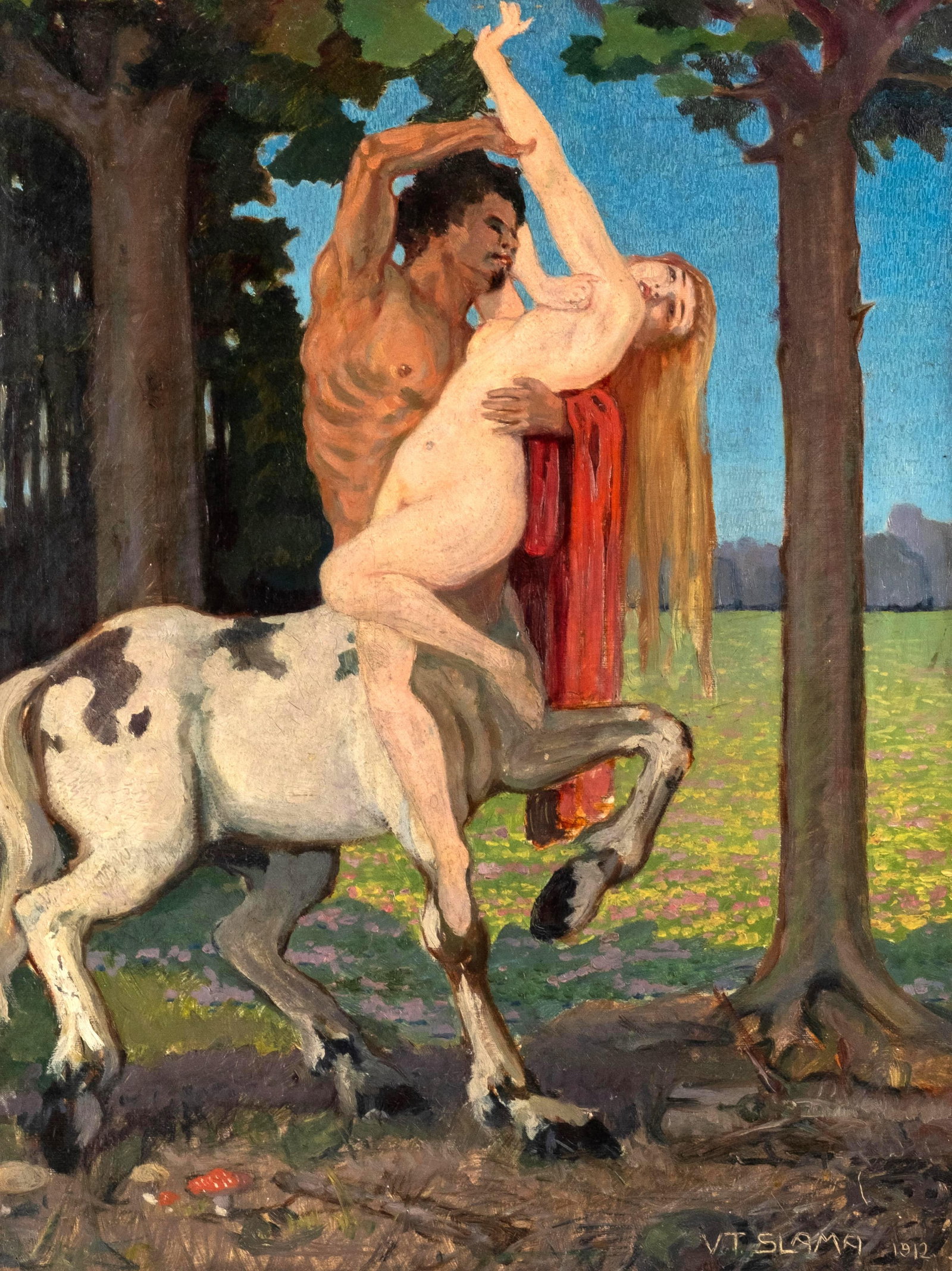 Viktor Theodor Slama, Austrian Art Nouveau, Oil Painting, 'Nessus and Deianira', Signed, 1912 - 3