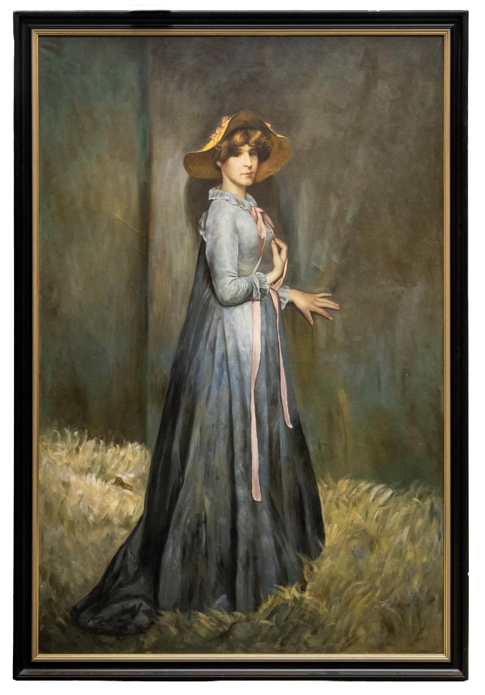 J. Duvier?, Actress Sarah Bernhardt Pulling Back Theater Curtain. Signed Oil on Canvas Painting, (1 of 10)