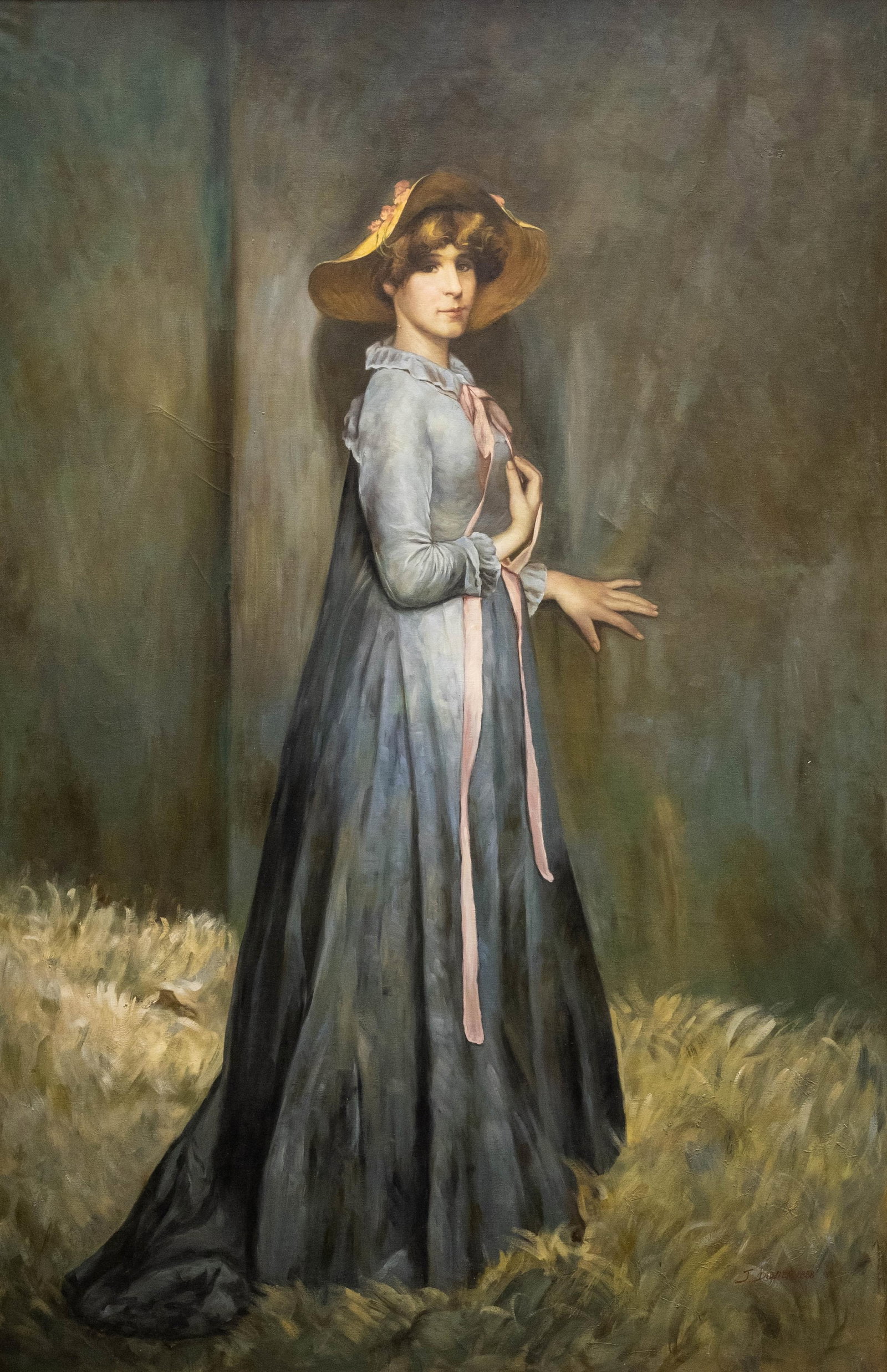 J. Duvier?, Actress Sarah Bernhardt Pulling Back Theater Curtain. Signed Oil on Canvas Painting, - 3