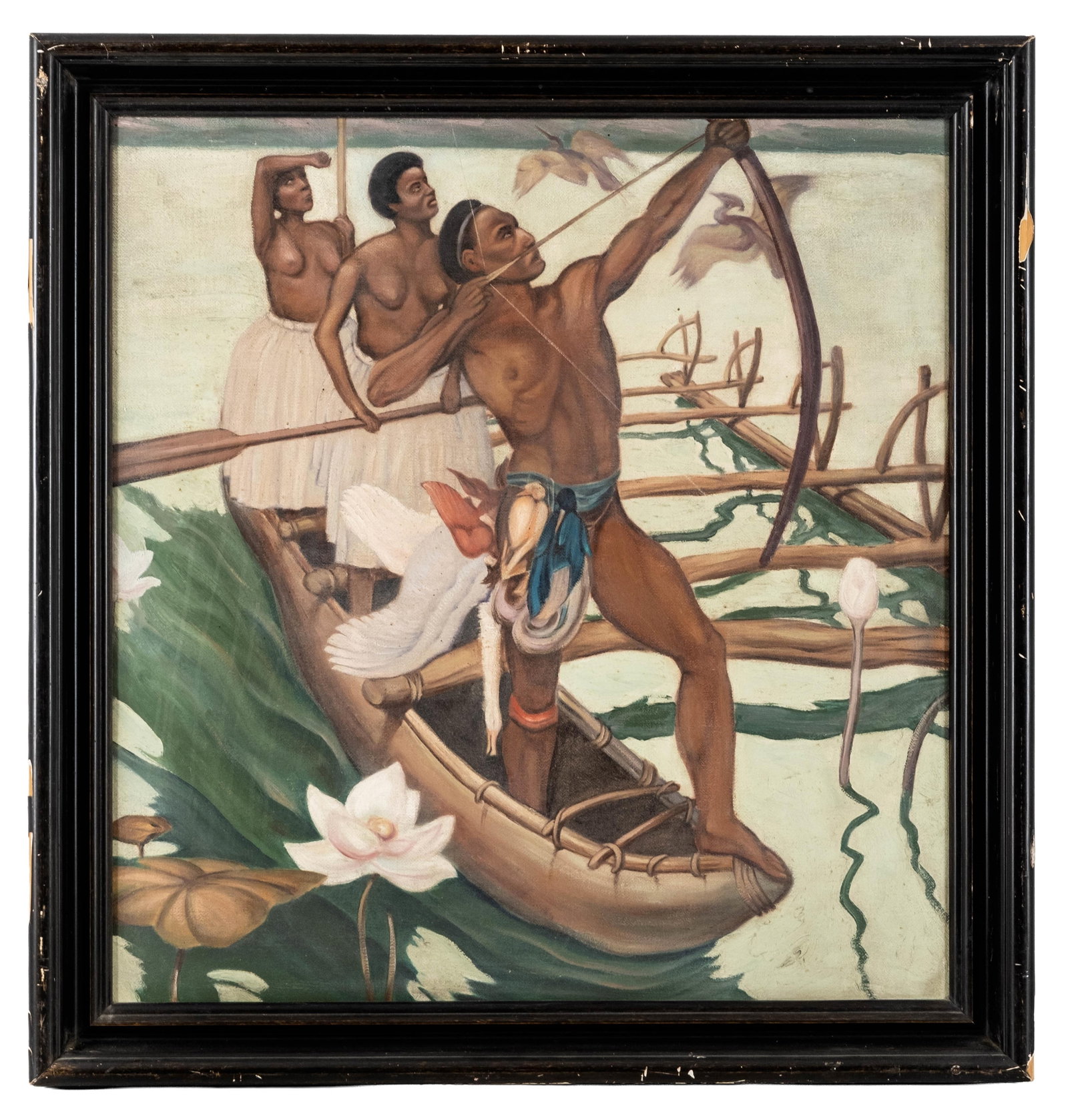 No Reserve: 20th Century Stylized Hunting Scene Oil On Canvas Painting (1 of 8)