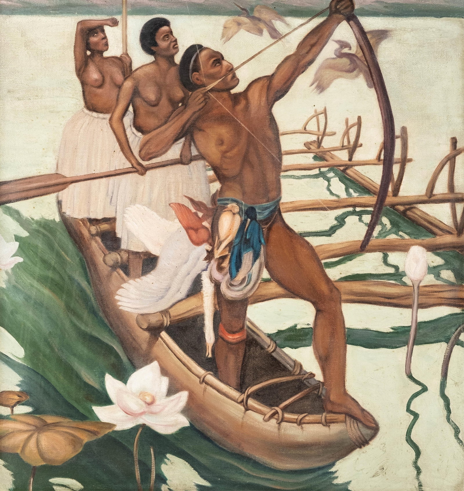 No Reserve: 20th Century Stylized Hunting Scene Oil On Canvas Painting - 2