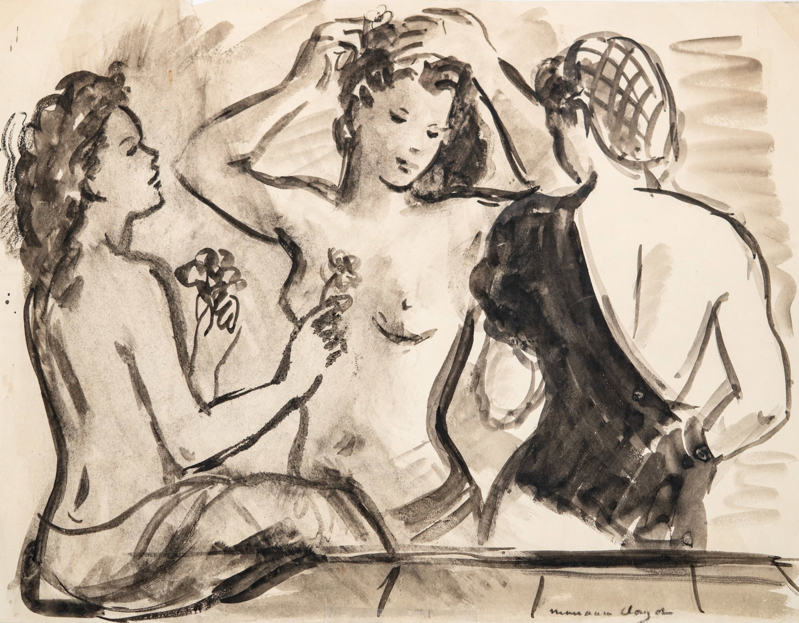 No Reserve: Mystery Artist: Modern School Three Graces Figurative Watercolor Painting, Signed: Keywords: Three Graces, Figurative, Female Figures, Classical Mythology, Ink Wash, Watercolor, Works On Paper, Modernist, Expressionist, European School Summary: Mystery Artist: Modern School watercol