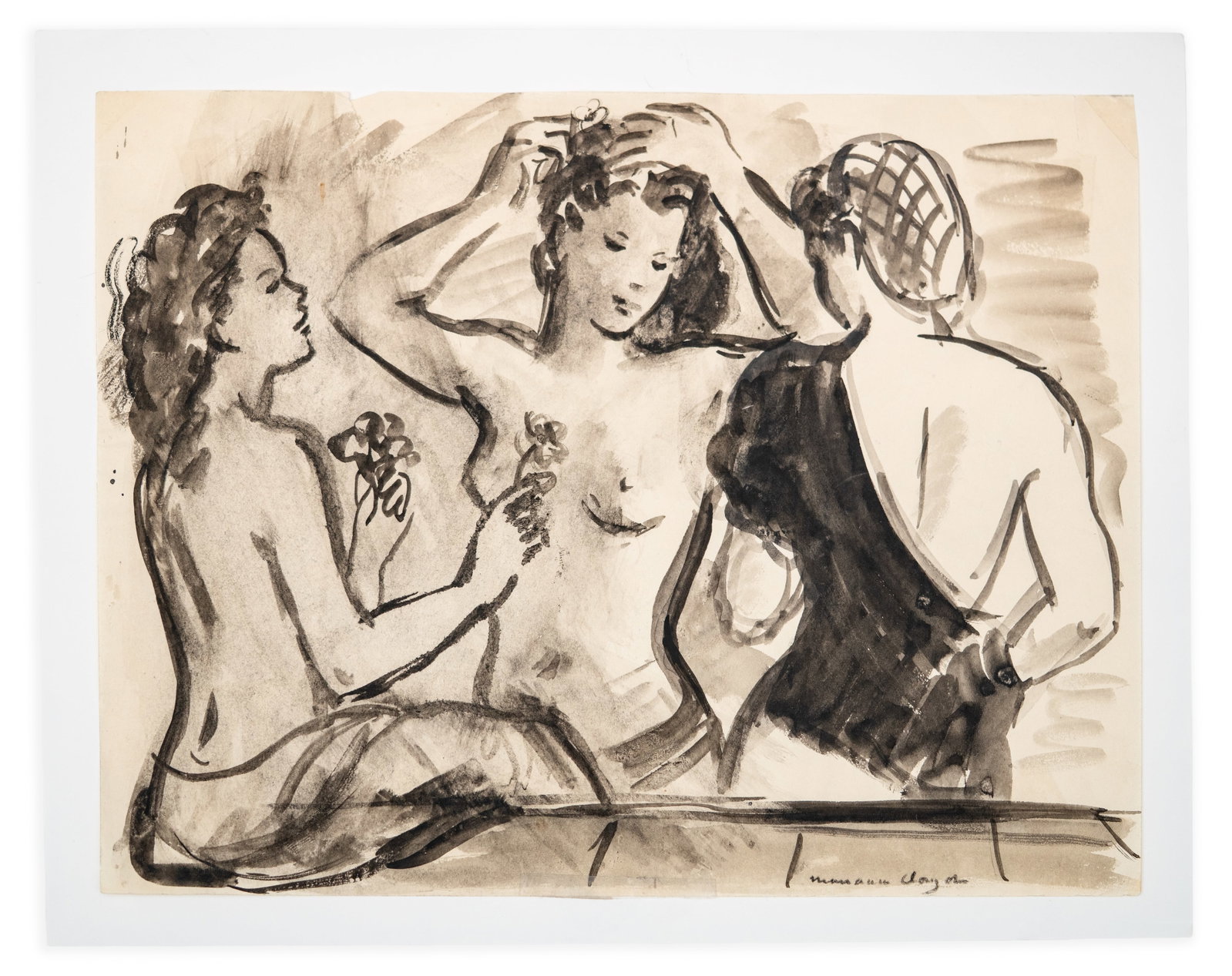 No Reserve: Mystery Artist: Modern School Three Graces Figurative Watercolor Painting, Signed - 2
