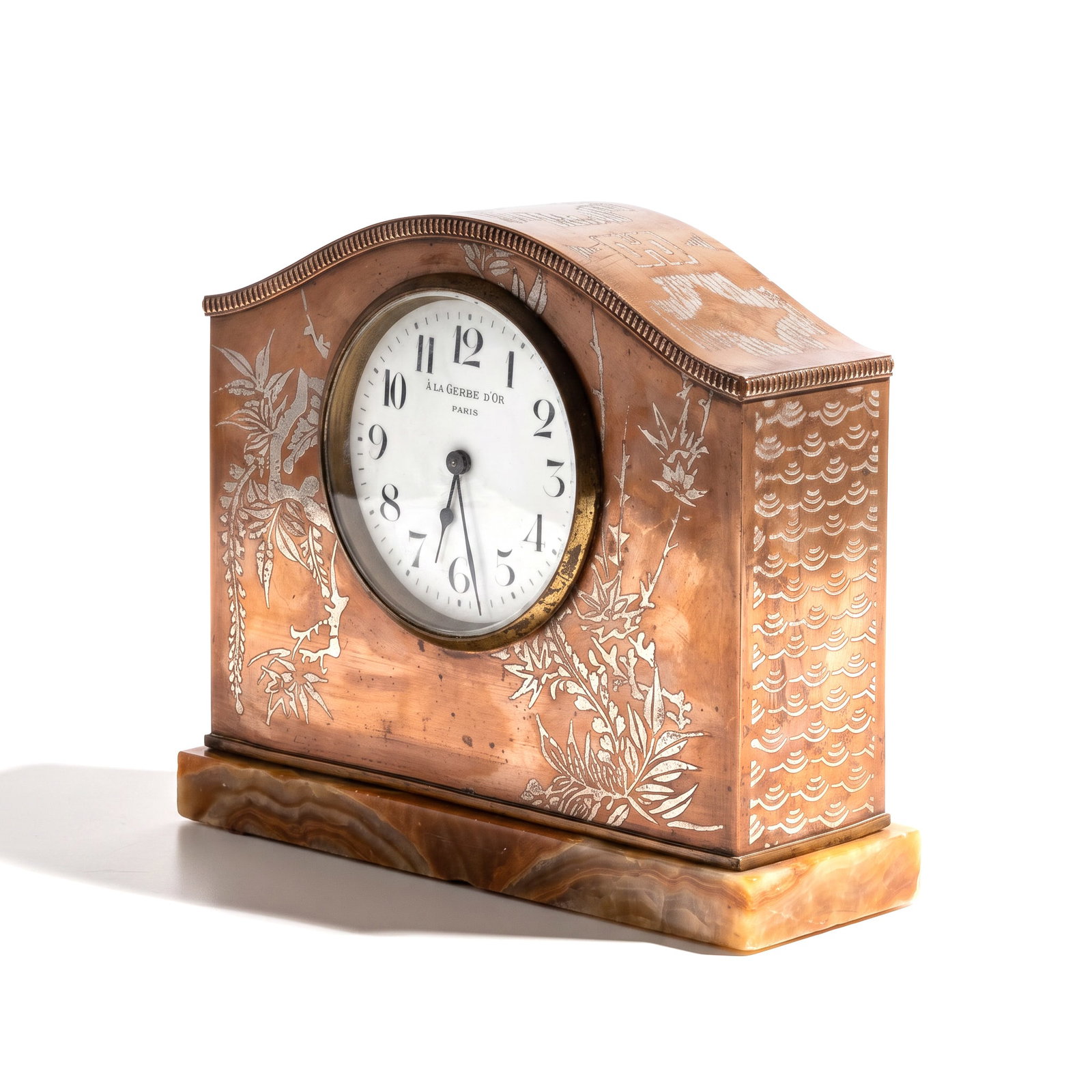 No Reserve: La Gerbe d'Or Art Nouveau French Silver-Over-Copper Clock on Agate Base, Signed, Circa (1 of 6)