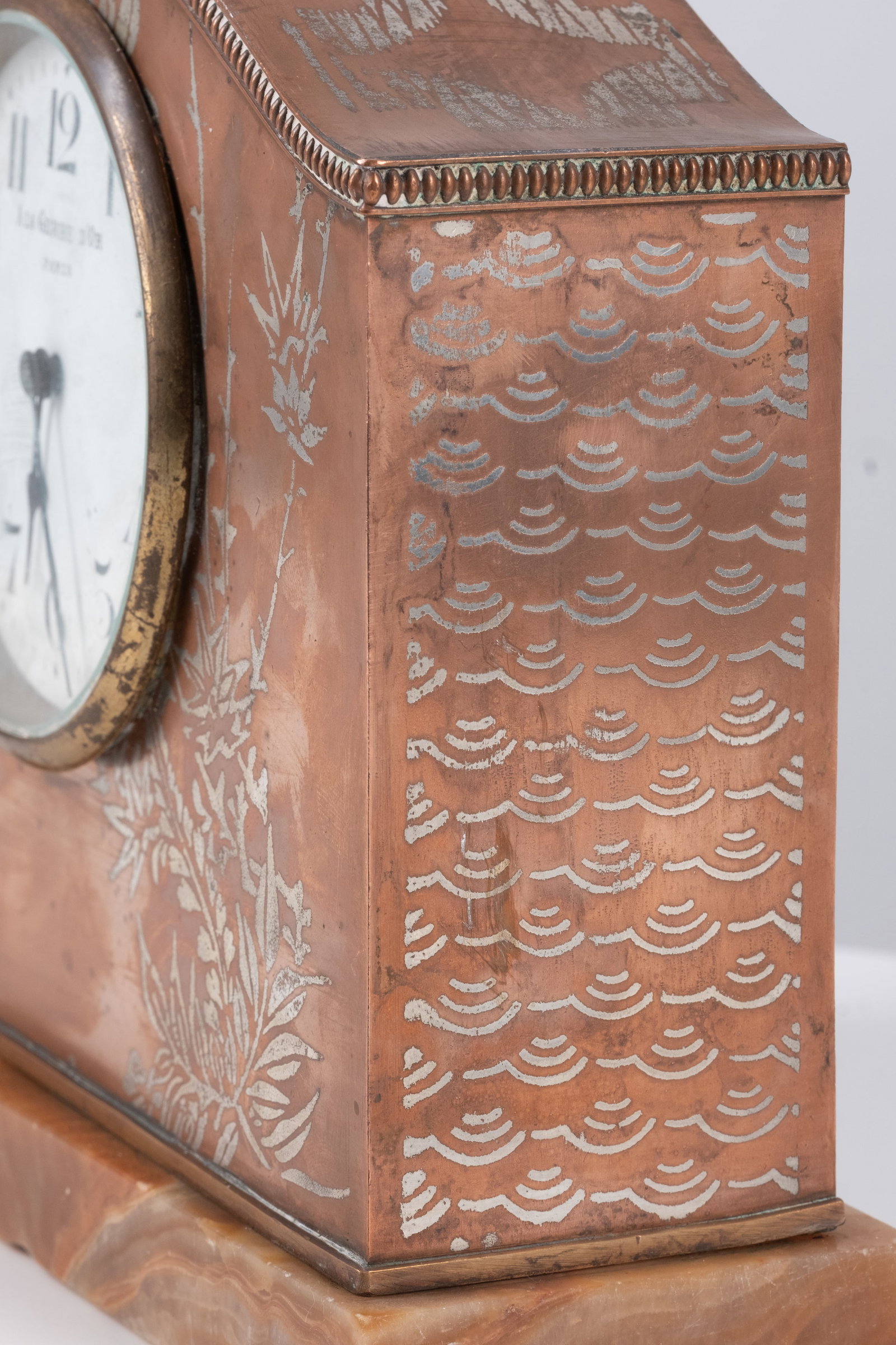 No Reserve: La Gerbe d'Or Art Nouveau French Silver-Over-Copper Clock on Agate Base, Signed, Circa - 4