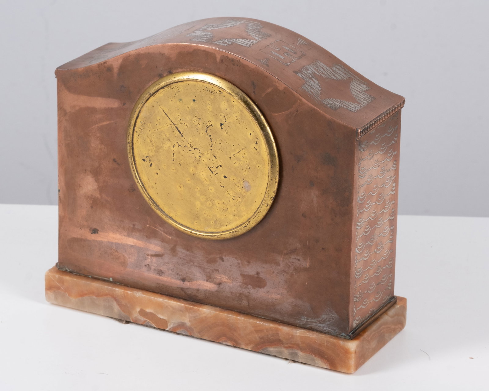 No Reserve: La Gerbe d'Or Art Nouveau French Silver-Over-Copper Clock on Agate Base, Signed, Circa - 5