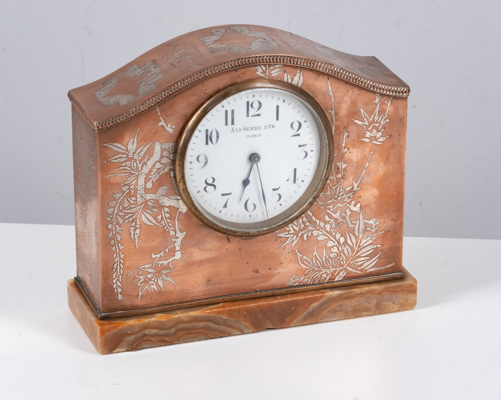 No Reserve: La Gerbe d'Or Art Nouveau French Silver-Over-Copper Clock on Agate Base, Signed, Circa - 6