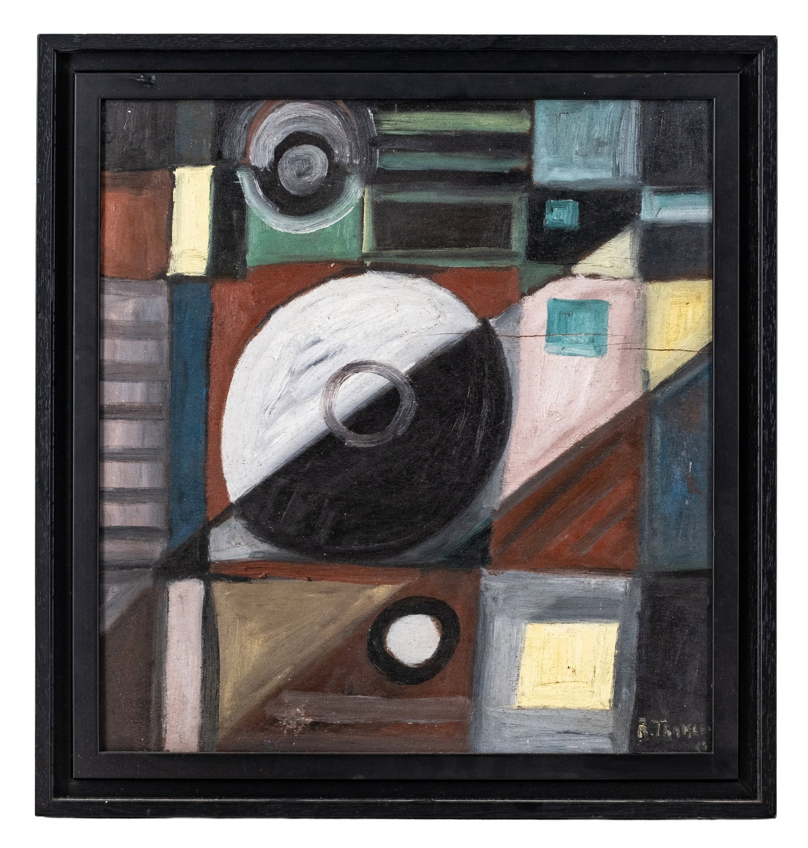 No Reserve: Signed Mid-Century Geometric Abstract Oil Painting on Panel (1 of 5)
