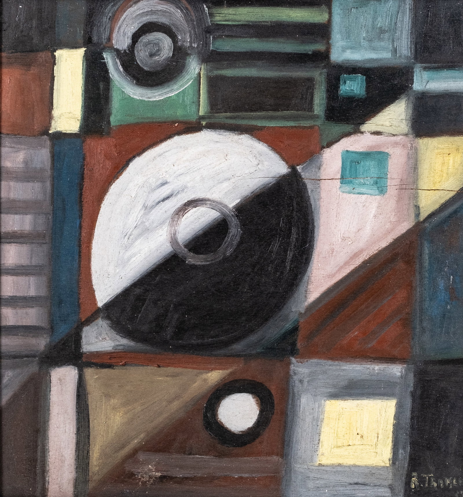 No Reserve: Signed Mid-Century Geometric Abstract Oil Painting on Panel - 2