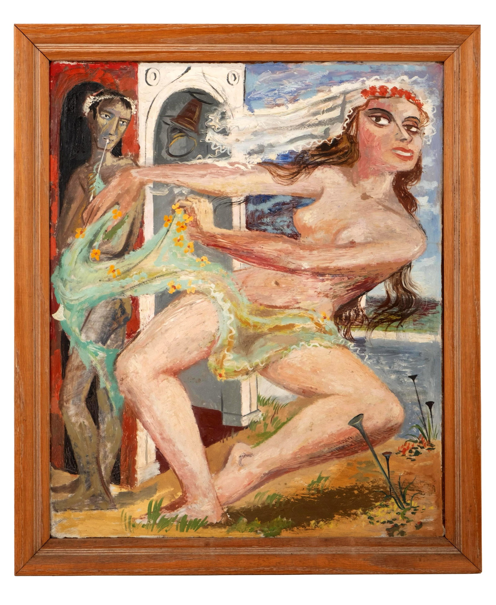 No Reserve: She is a mystery, Oil on Canvas Painting, Circa Mid-20th Century 'Runaway Bride': Keywords: wedding theme, figurative painting, woodstock school, mid-century art, narrative composition, artist unknown, rustic frame, surreal elements, vintage artwork Summary: An impressionist oil on