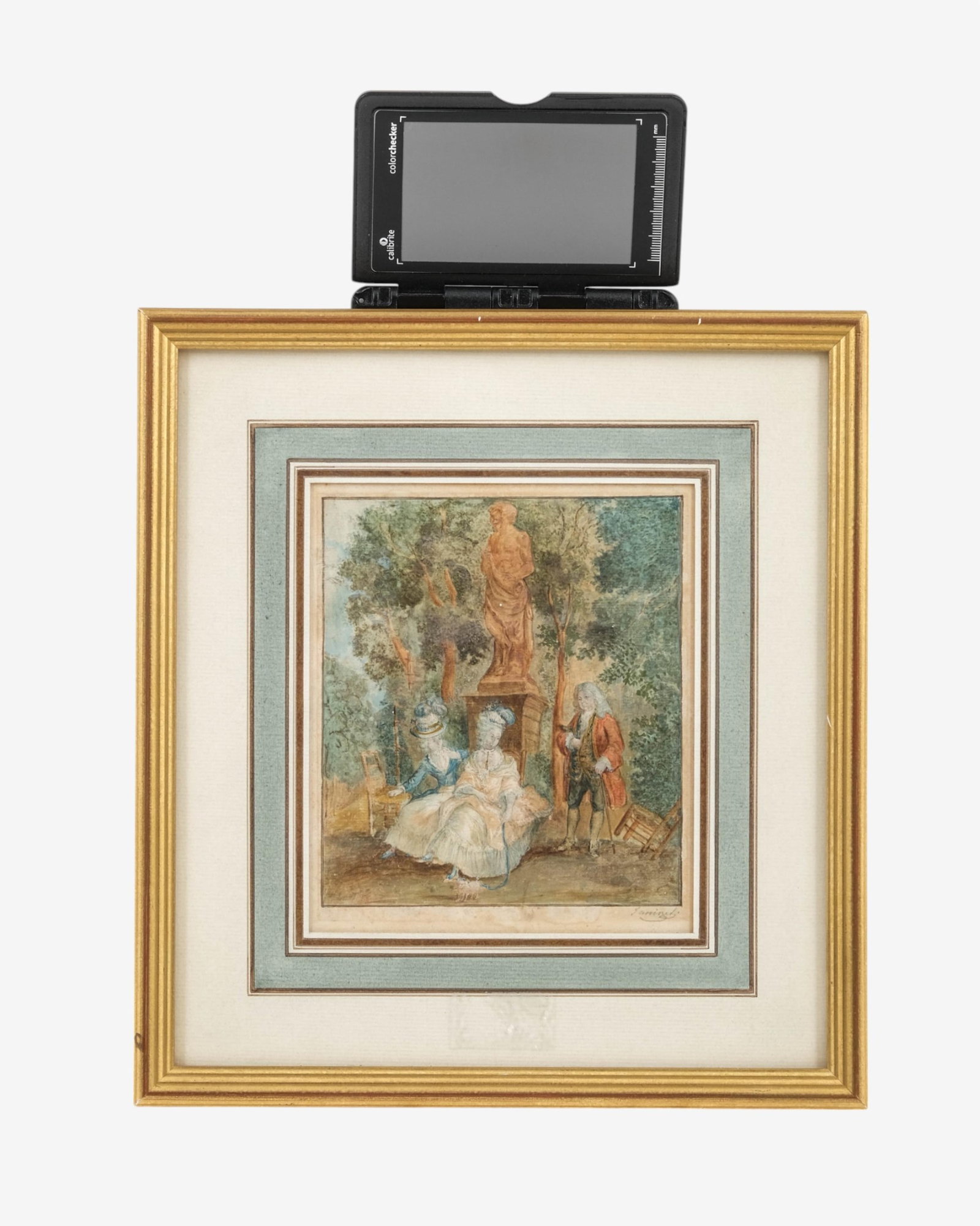 No Reserve: Jean François Janinet, Watercolor 'Conversation in a Garden,' Signed, Late 18th Century - 11