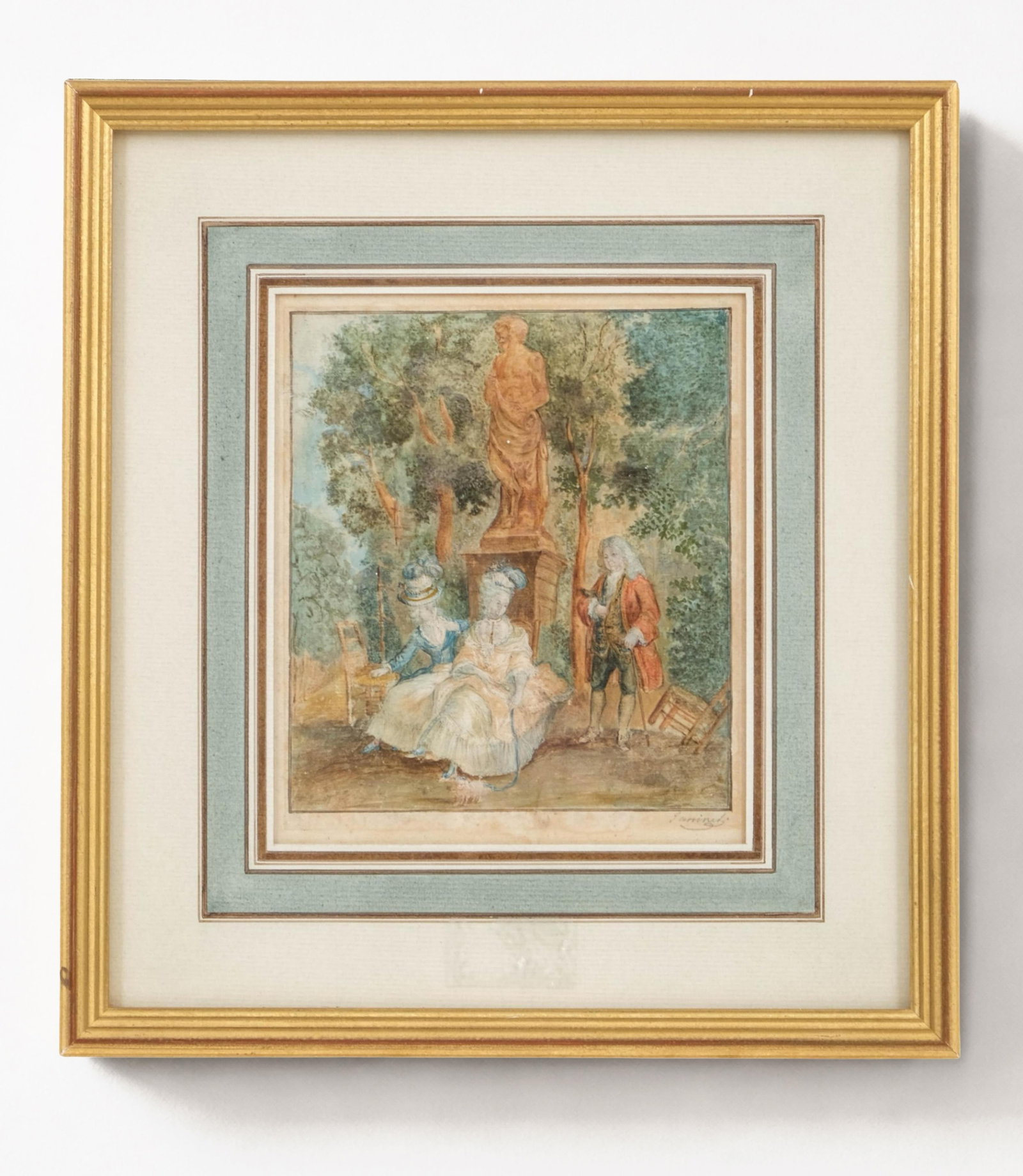 No Reserve: Jean François Janinet, Watercolor 'Conversation in a Garden,' Signed, Late 18th Century - 2